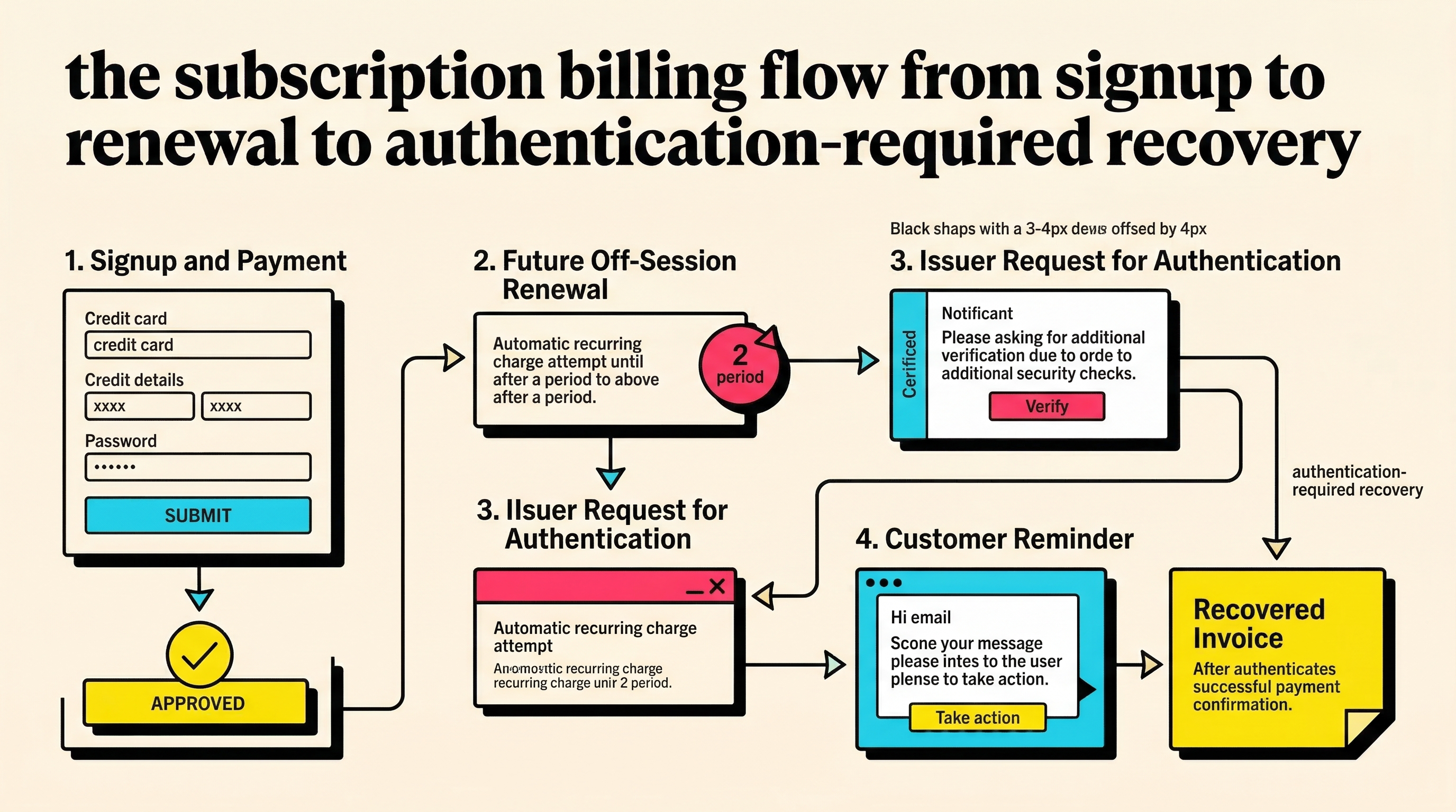Subscription billing flow with on-session setup and off-session renewal recovery