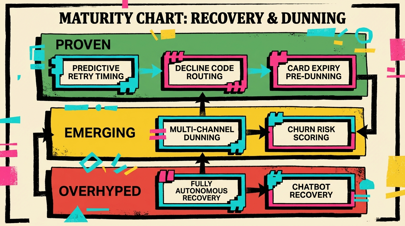 AI payment recovery maturity chart showing proven, emerging, and overhyped approaches in 2026