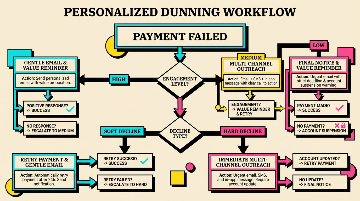 Personalized AI dunning flow showing different recovery paths based on subscriber engagement and decline type