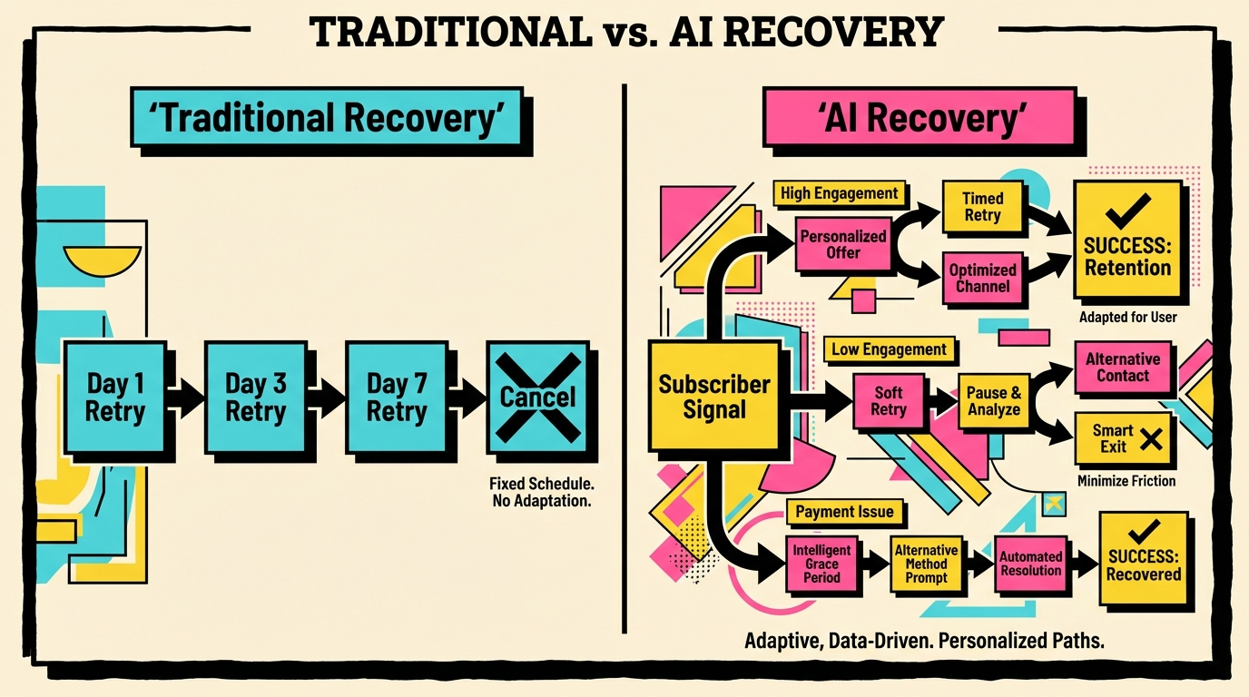AI payment recovery comparison showing traditional static retry vs intelligent adaptive recovery