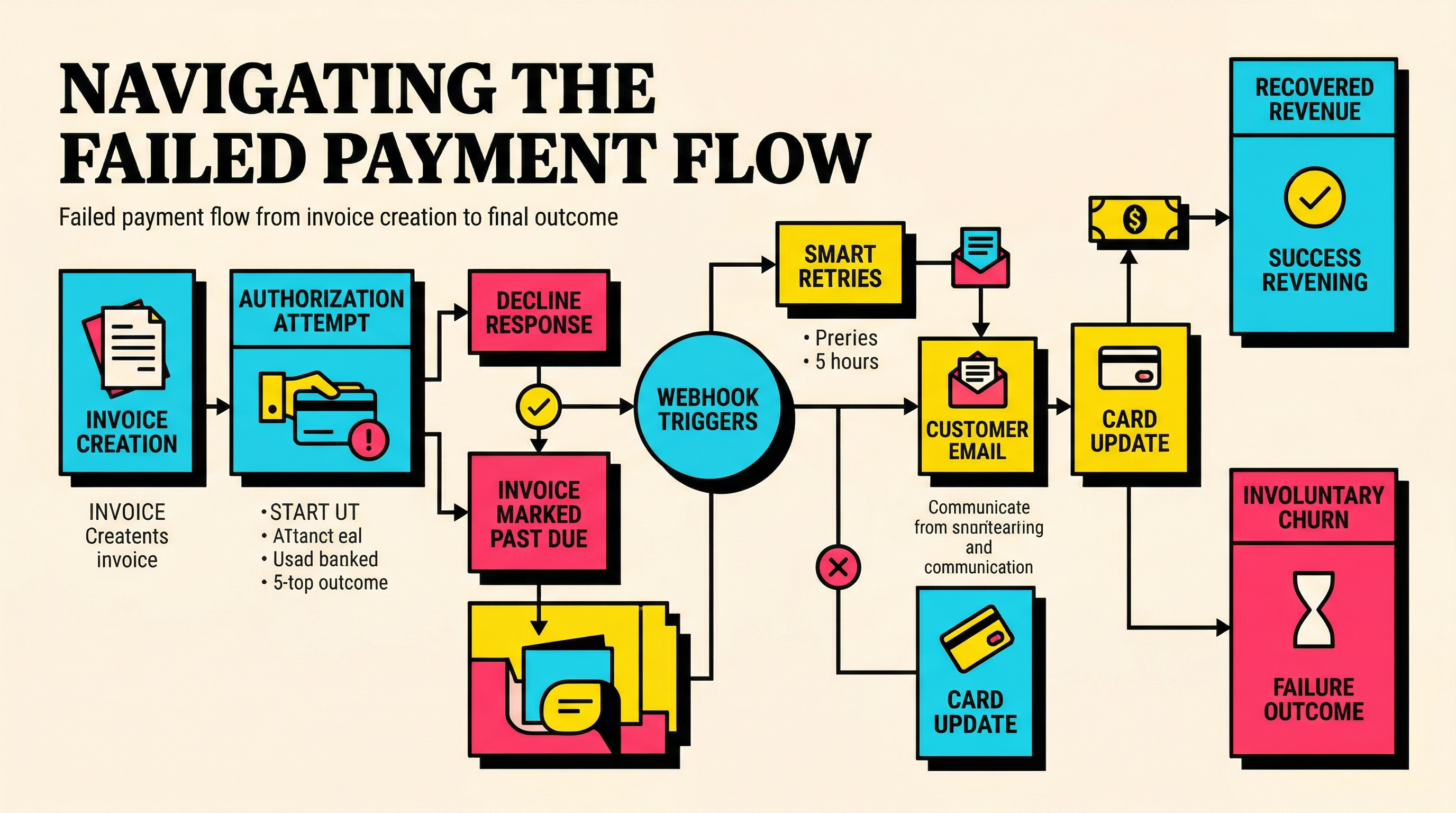 Failed Payment Flow Failed payment flow from invoice creation to recovery, retry, or churn