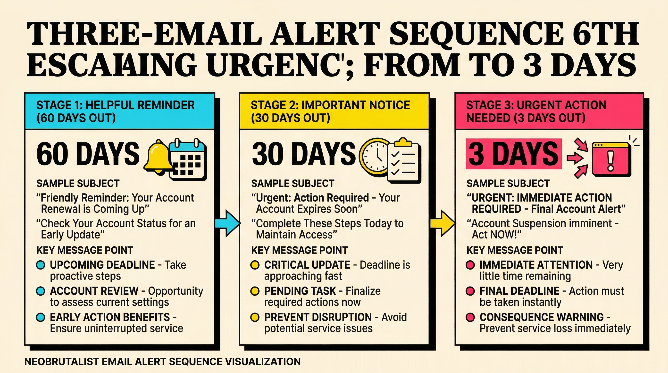 Three-stage card expiry alert email sequence showing progressive urgency from 60 days to 3 days before expiry