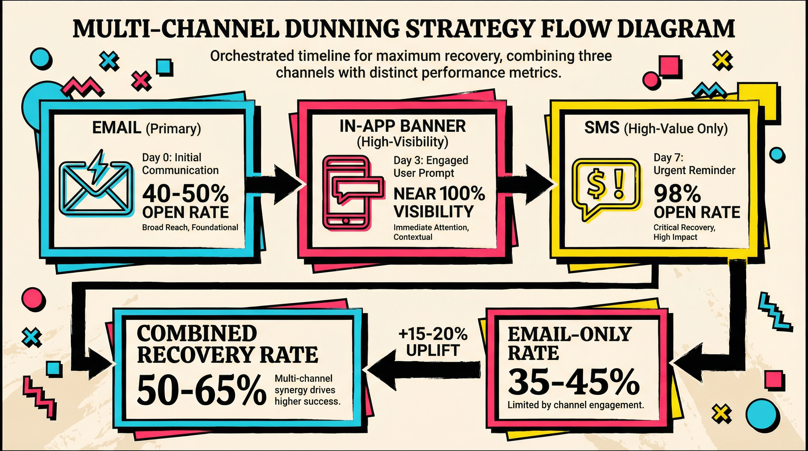 Multi-channel dunning strategy diagram showing email, in-app banners, and SMS touchpoints with combined recovery rates