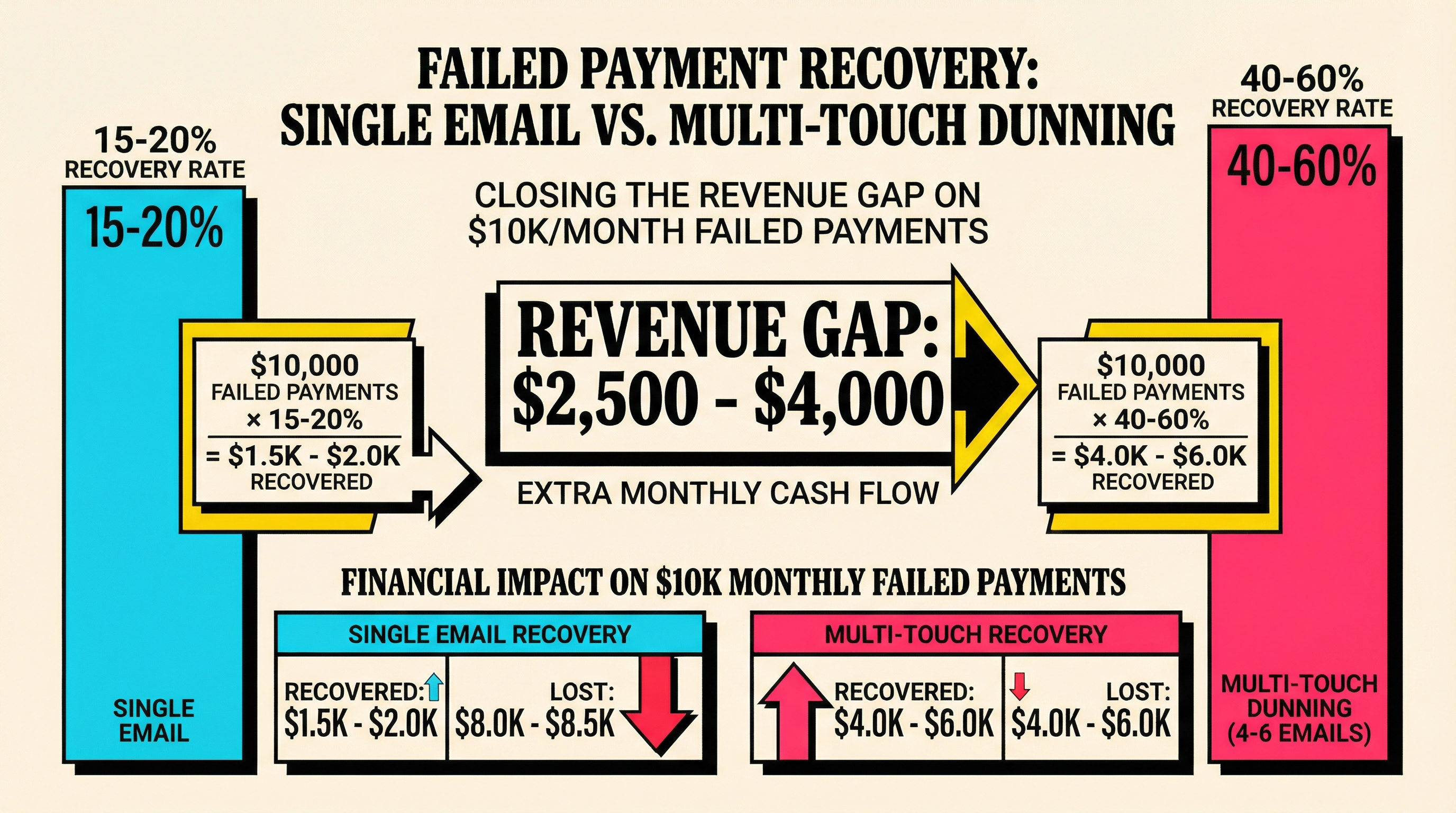 Comparison of payment recovery rates between single email and multi-touch dunning sequence showing 15-20% vs 40-60% recovery