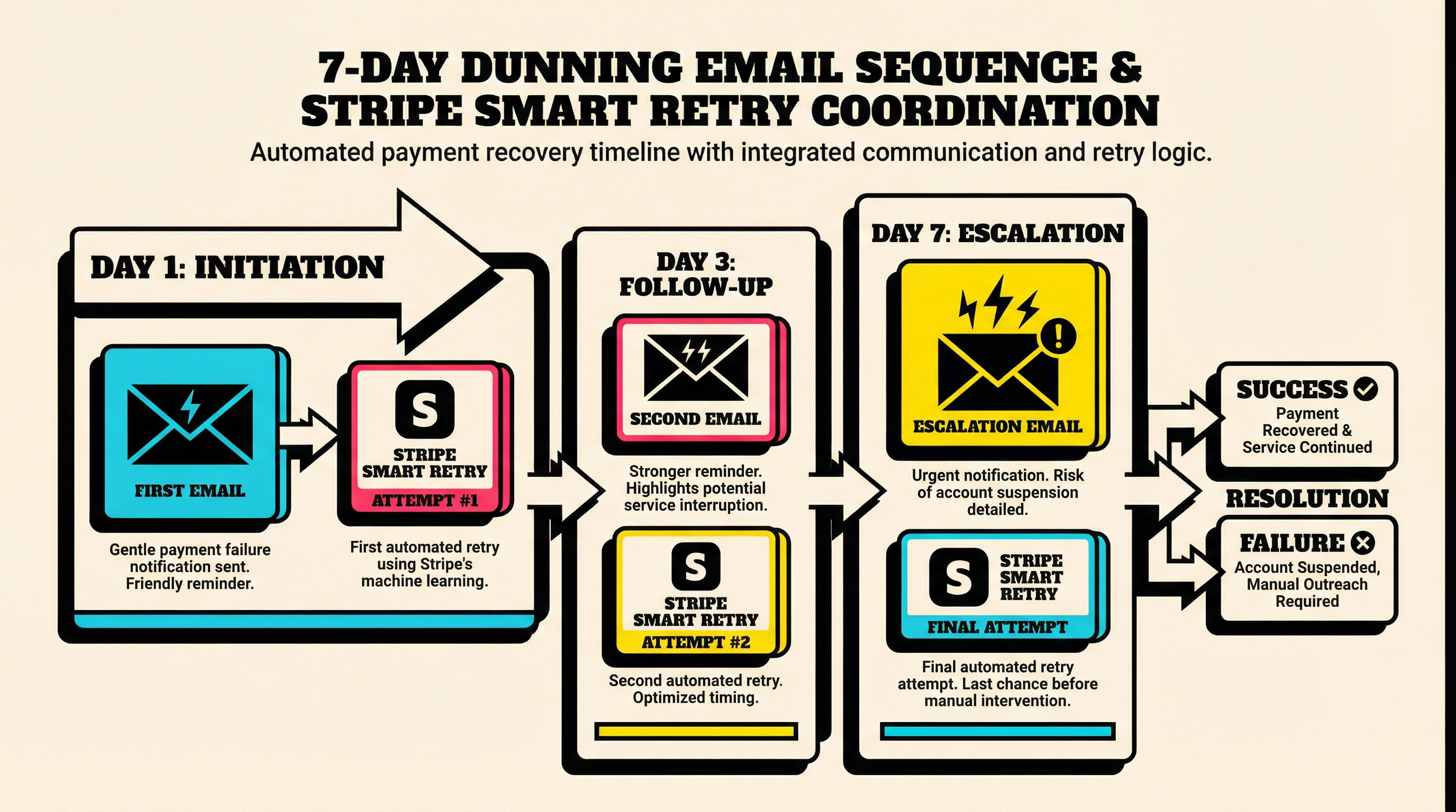 7-day dunning email timeline showing coordination with Stripe smart retry attempts at day 1, day 3, and day 7