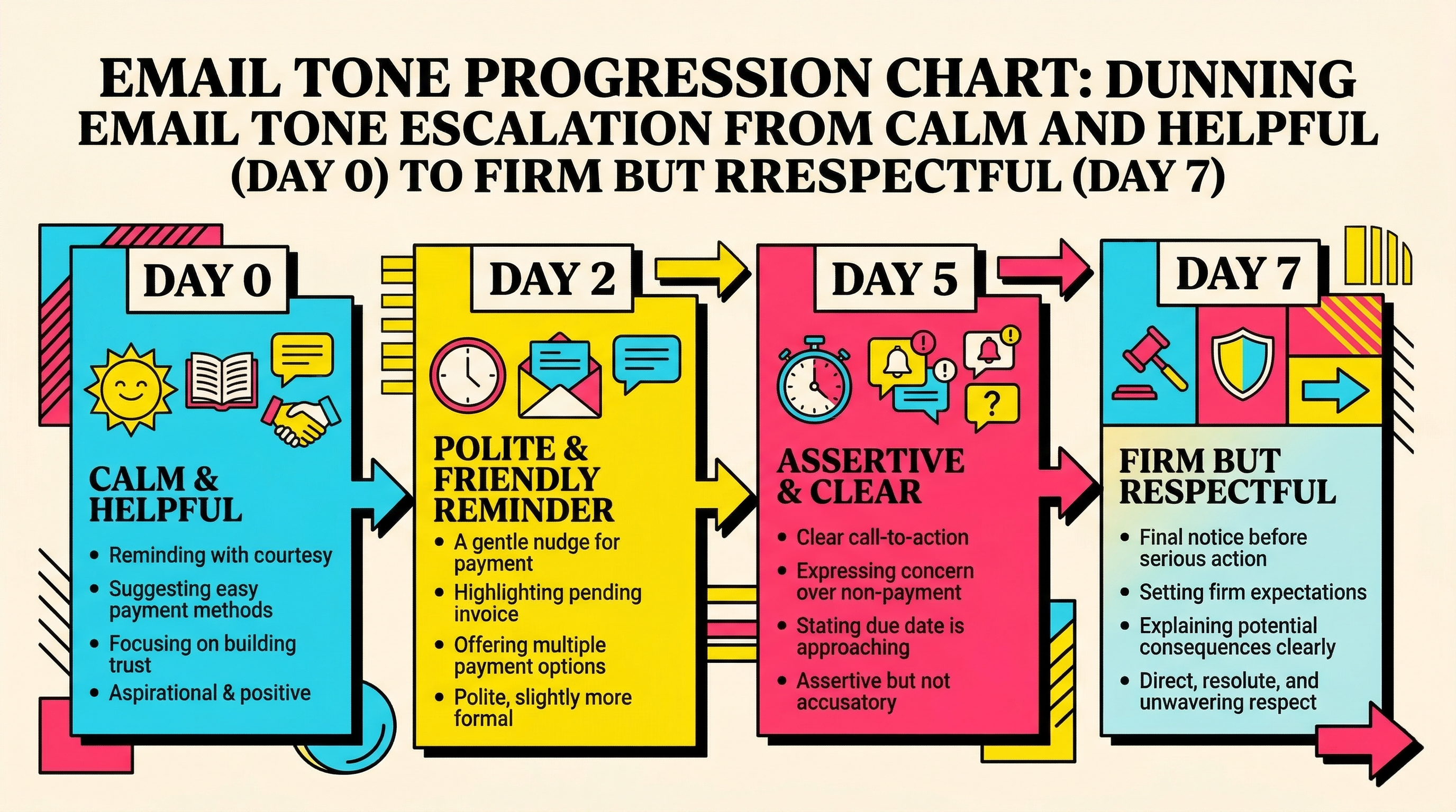 Payment recovery email tone progression from calm to urgent