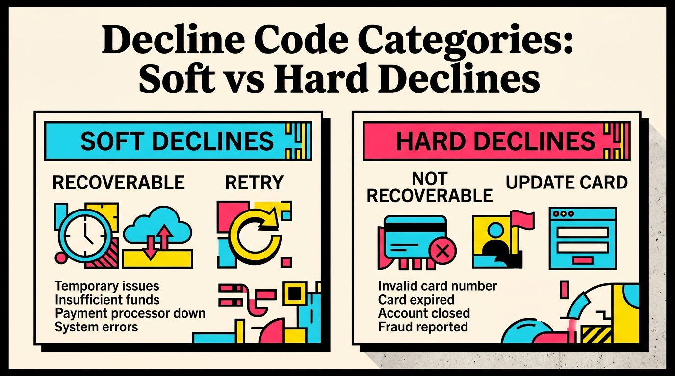Soft vs Hard Decline Codes: Recovery Options Comparison of soft declines versus hard declines showing recovery options for each type