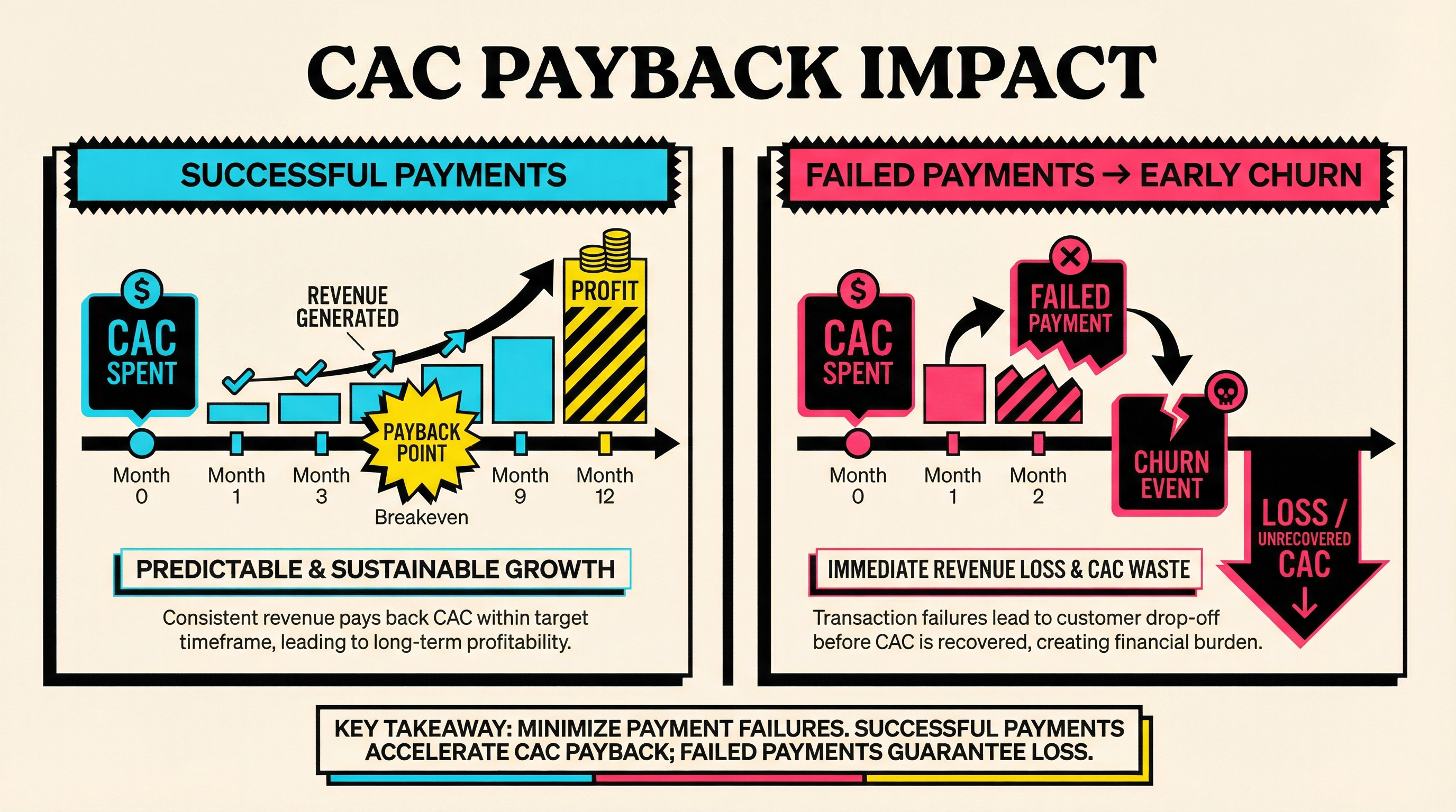 Comparison chart showing CAC payback periods with and without payment recovery