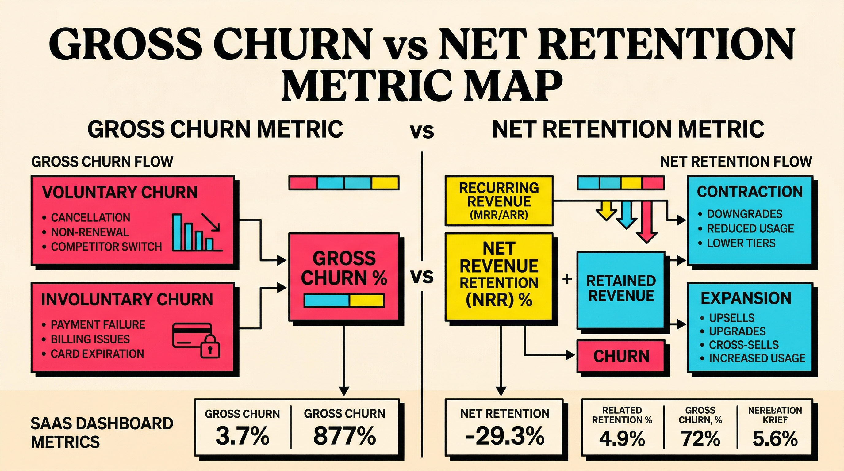 Gross churn versus net retention metric map showing where voluntary churn, involuntary churn, contraction, and expansion each affect the dashboard