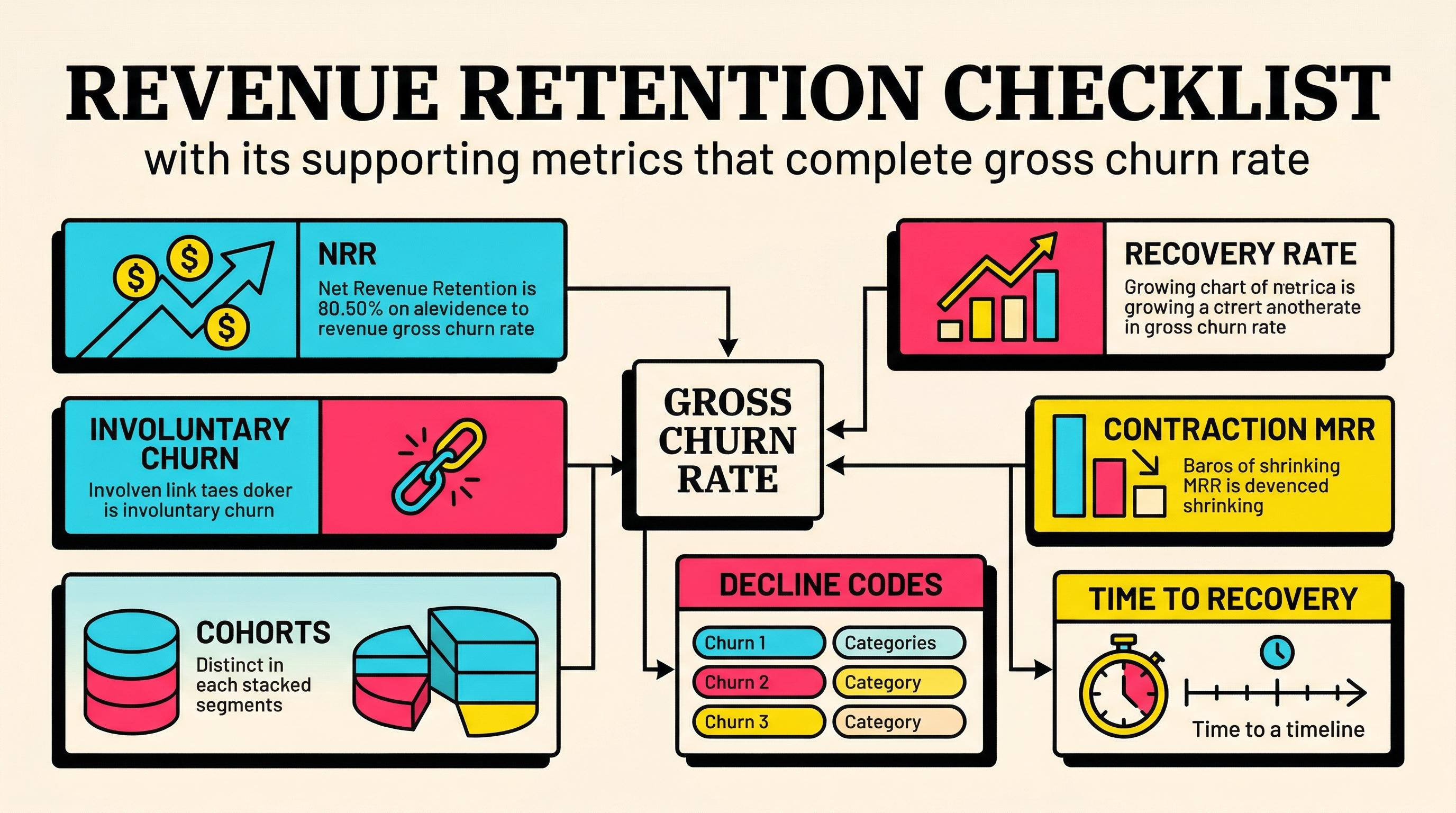Revenue retention checklist showing the supporting metrics that complete gross churn rate: NRR, involuntary churn, recovery rate, contraction MRR, cohorts, decline codes, and time to recovery