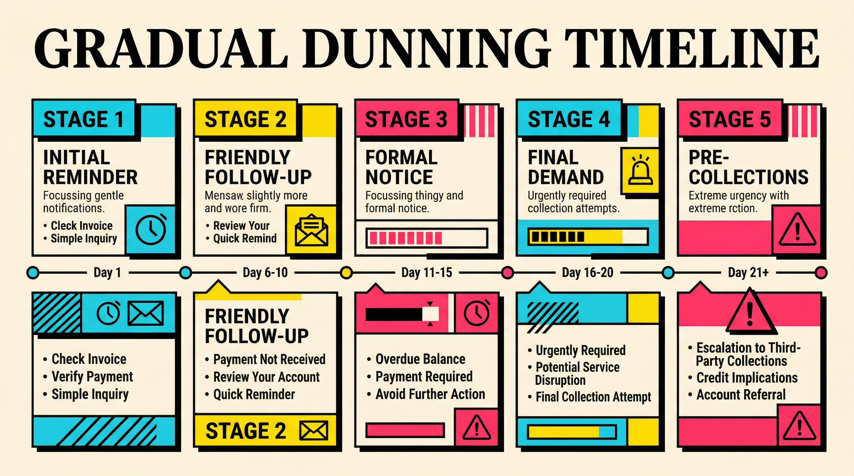 Timeline showing a gradual dunning email sequence over 21 days