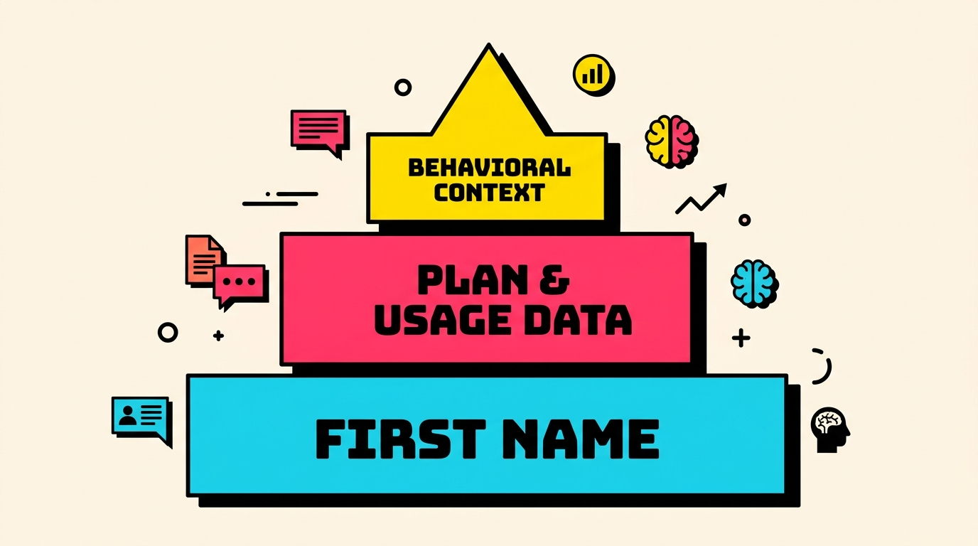 Hierarchy of dunning email personalization levels from basic first name to advanced behavioral context