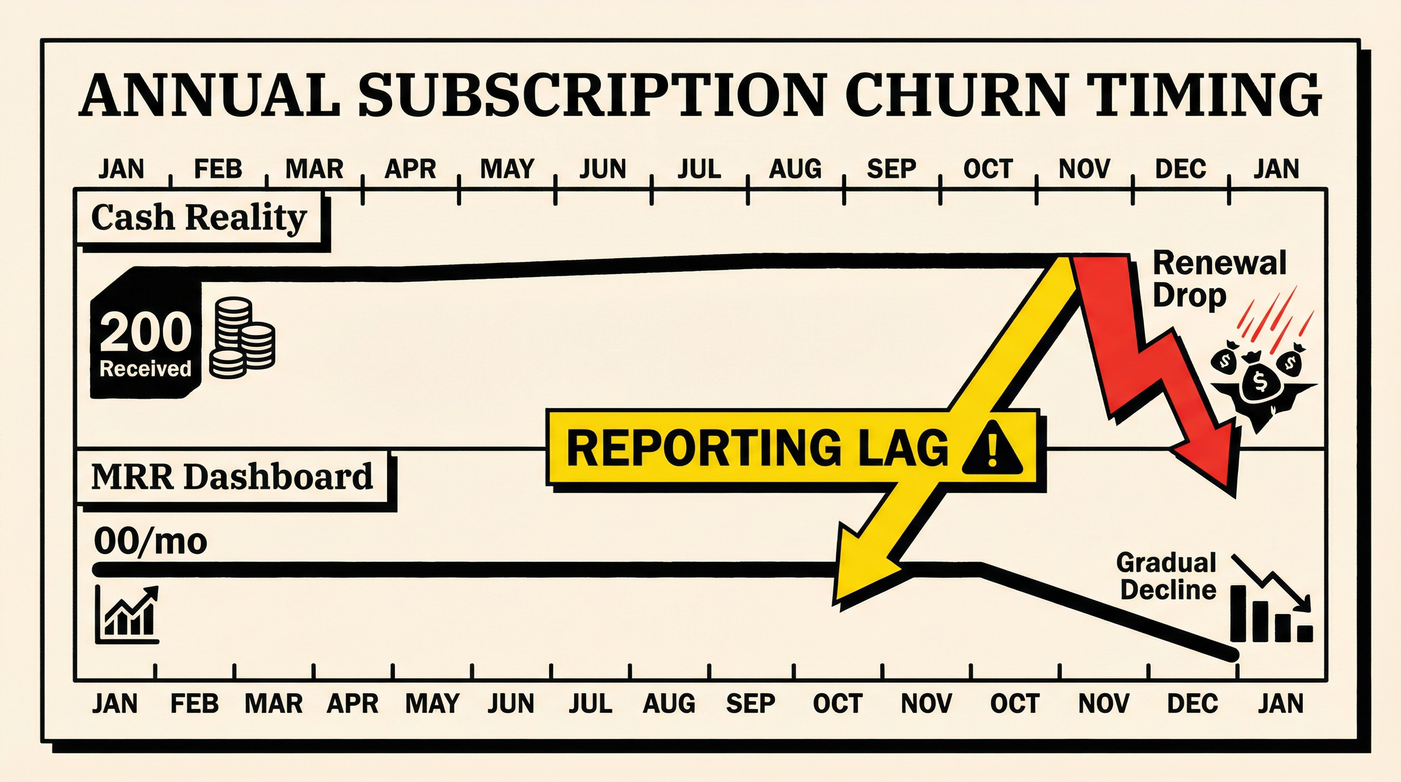 Timeline showing how annual subscription churn creates delayed MRR reporting versus actual revenue impact