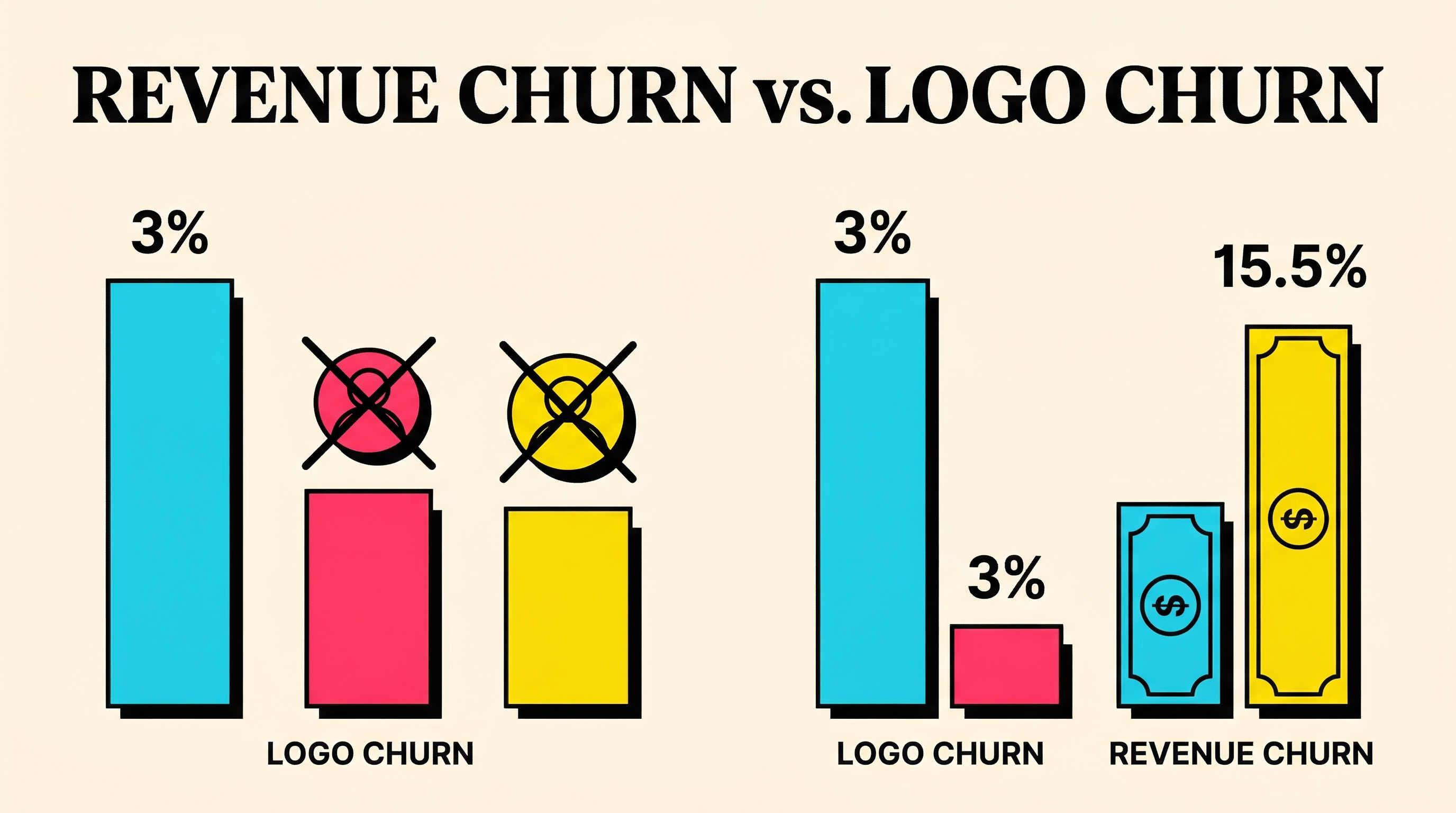 Comparison showing how same logo churn rate can hide vastly different revenue churn