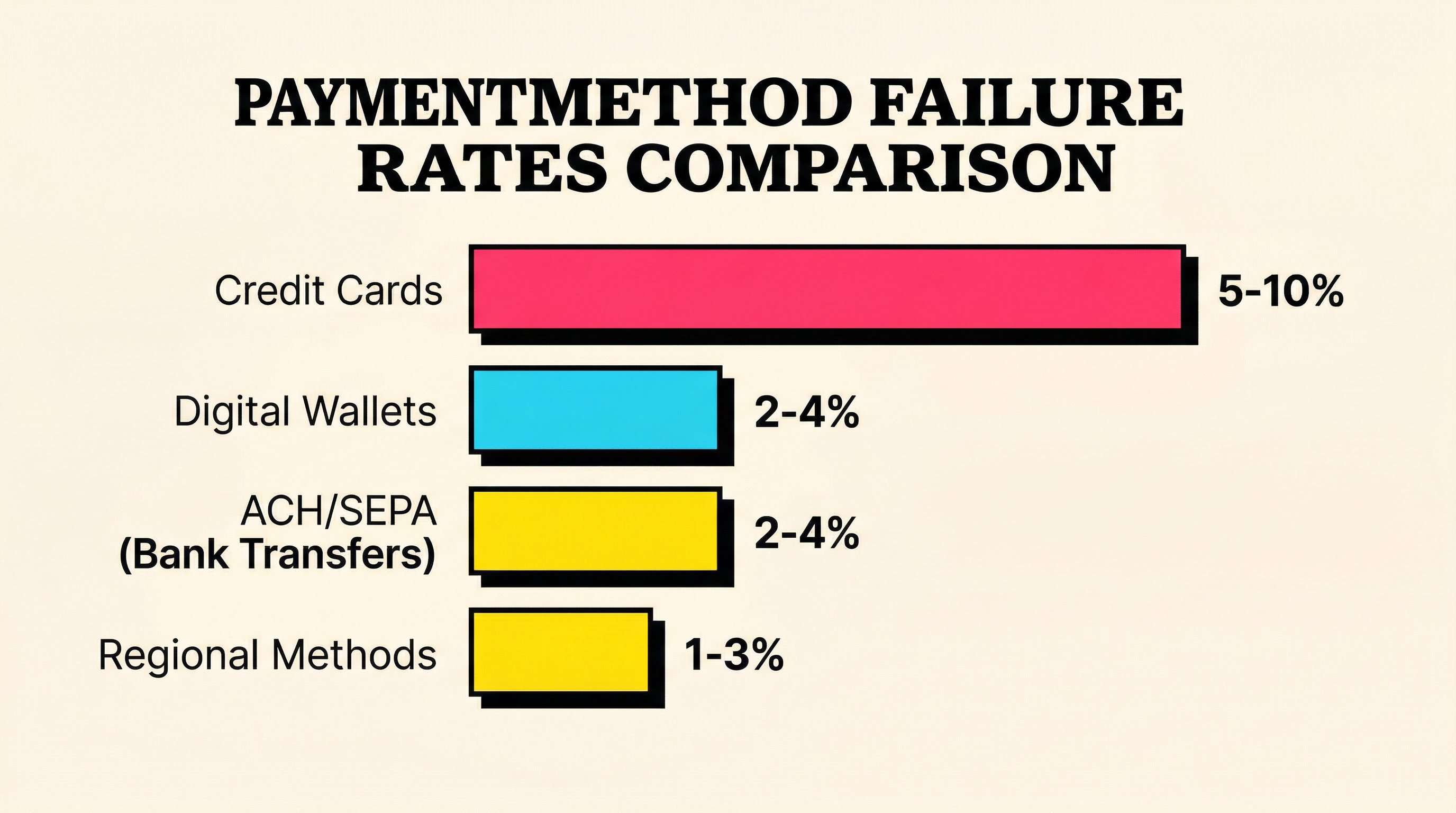 Failure Rate Comparison by Payment Method Payment method failure rates comparison showing credit cards at 5-10%, digital wallets at 2-4%, and ACH/SEPA at 2-4%