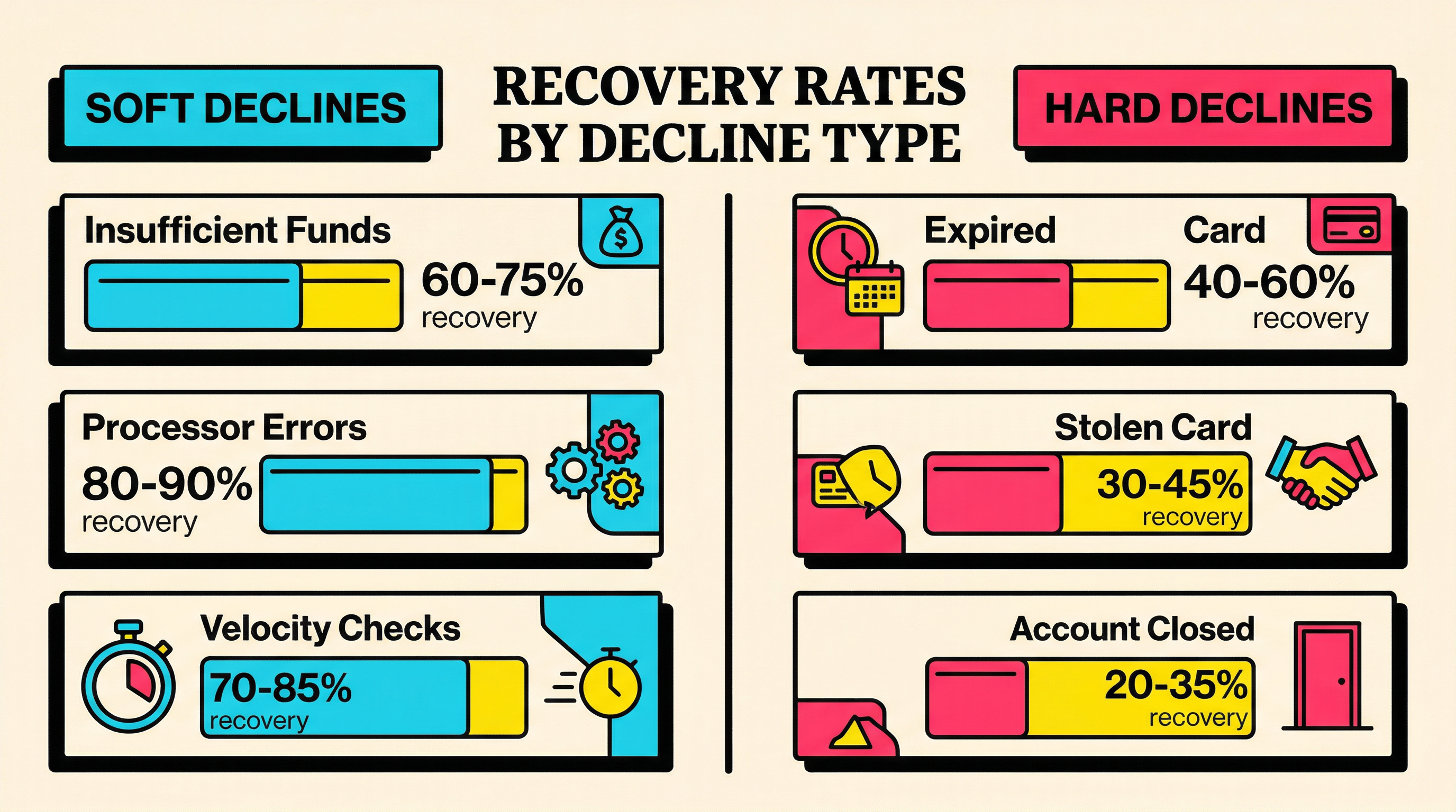 Recovery rates by decline type comparing soft declines versus hard declines in SaaS