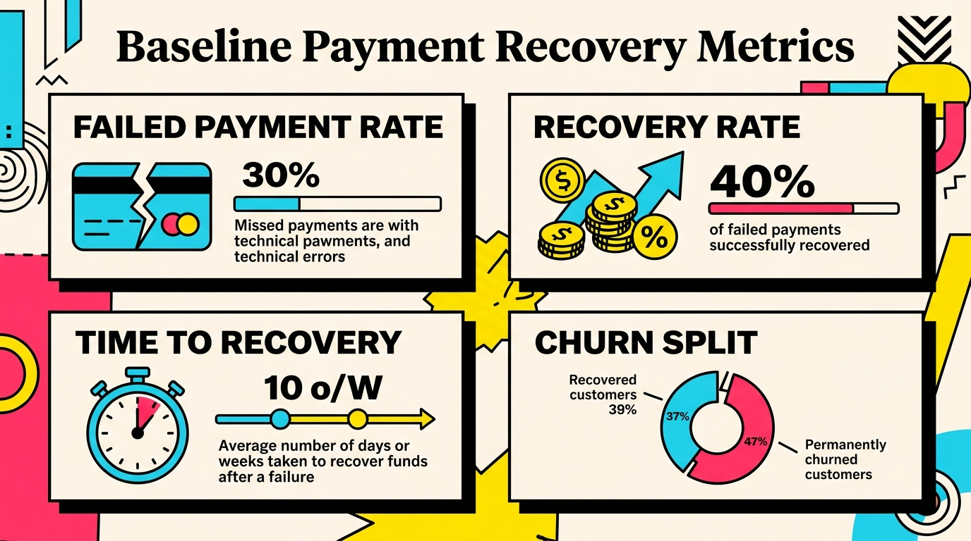 Payment recovery baseline metrics dashboard showing failed payment rate, recovery rate, and time to recovery