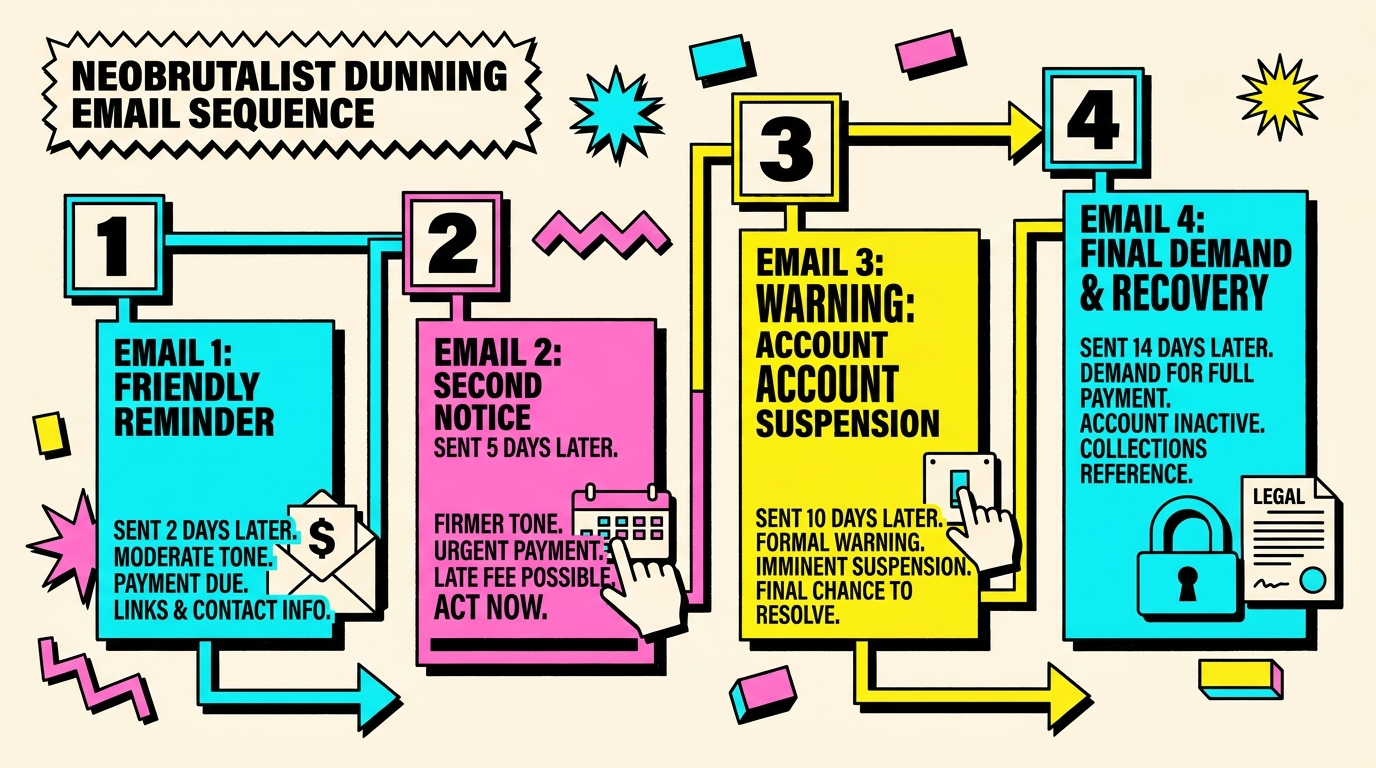 Dunning email sequence timeline showing optimal timing for each notification from day 0 to day 14