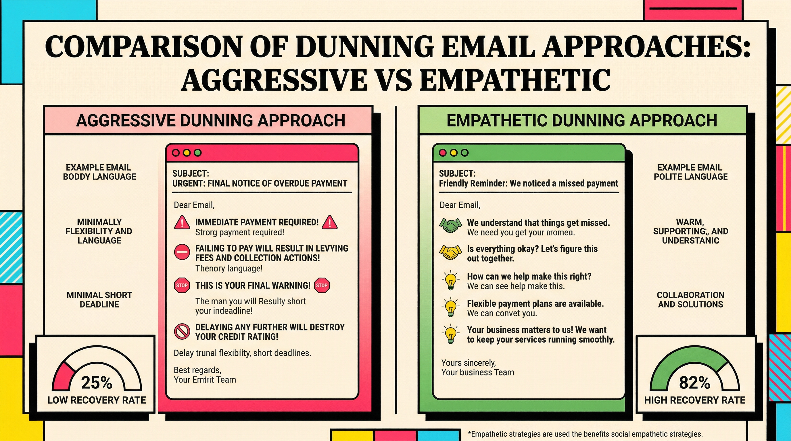 Dunning email tone comparison Side-by-side comparison of aggressive vs empathetic dunning email approaches with recovery rate impact