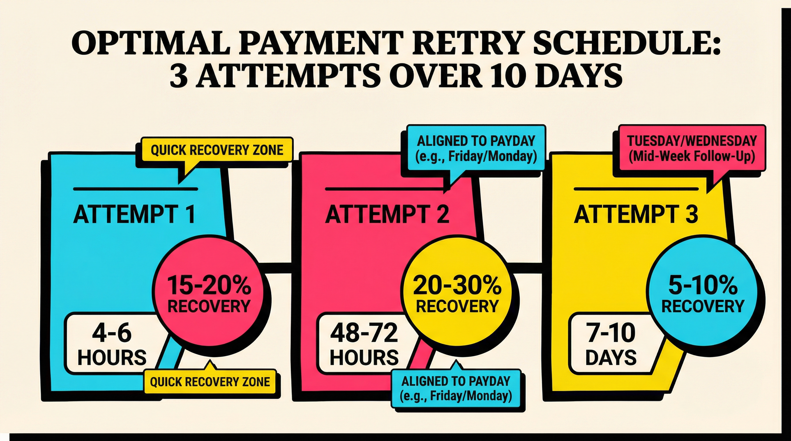 Optimal payment retry schedule showing 3 attempts over 10 days with recovery rate percentages for each attempt