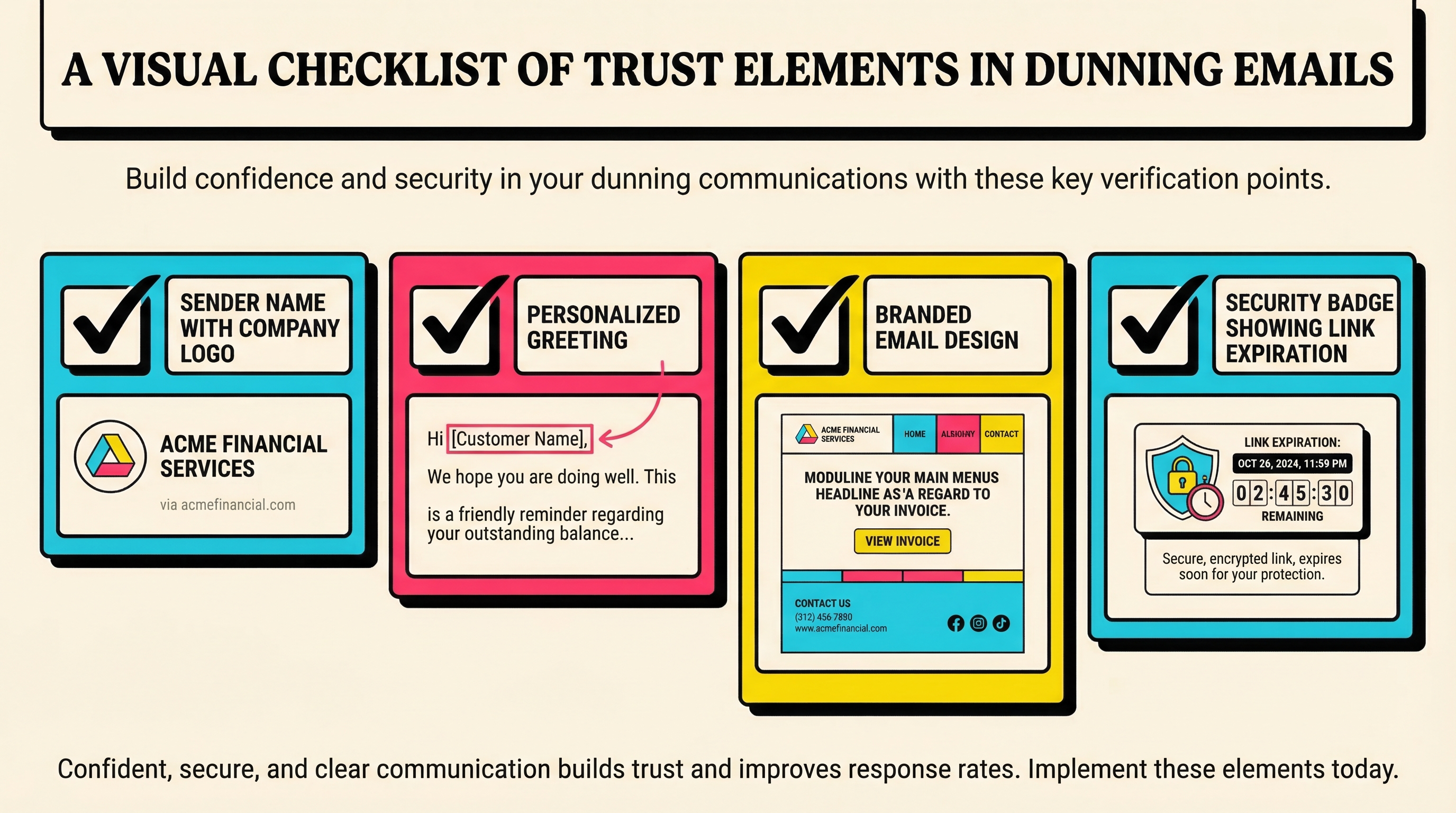 Checklist of trust elements in dunning emails including sender name, personalization, branding, and security cues