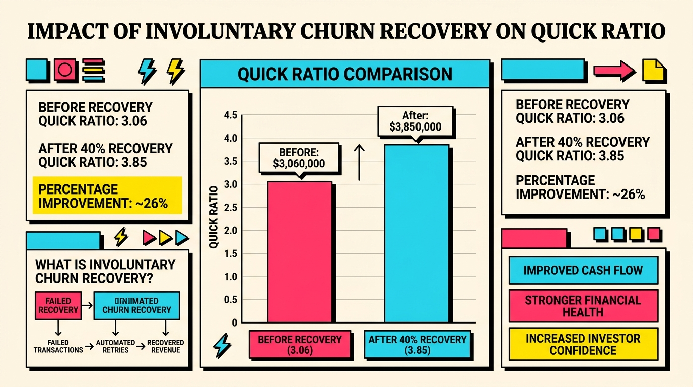 Bar chart comparing SaaS quick ratio before and after involuntary churn recovery showing improvement from 3.06 to 3.85