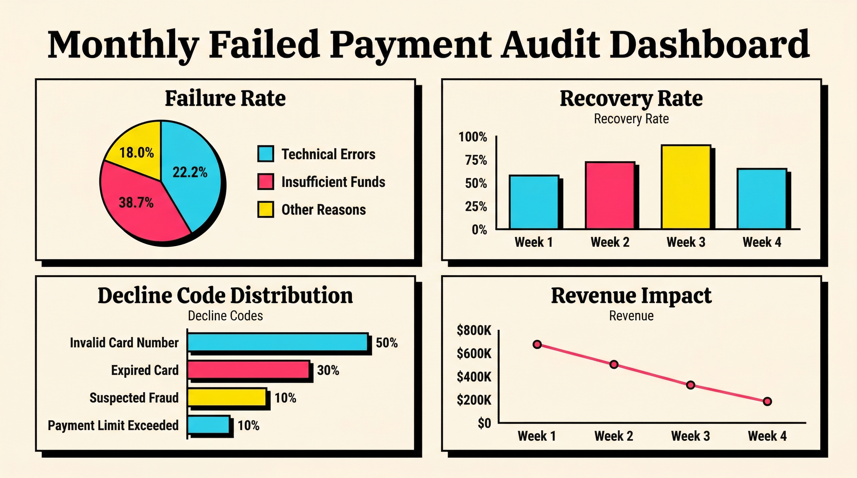 Monthly failed payment audit dashboard showing key metrics including failure rate, recovery rate, decline code distribution, and revenue impact