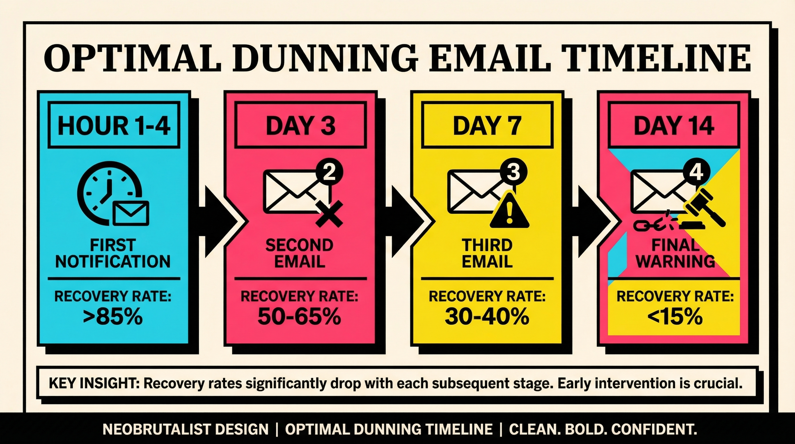 Optimal dunning email timeline showing day 1, day 3, day 7, and day 14 touchpoints with declining recovery rates