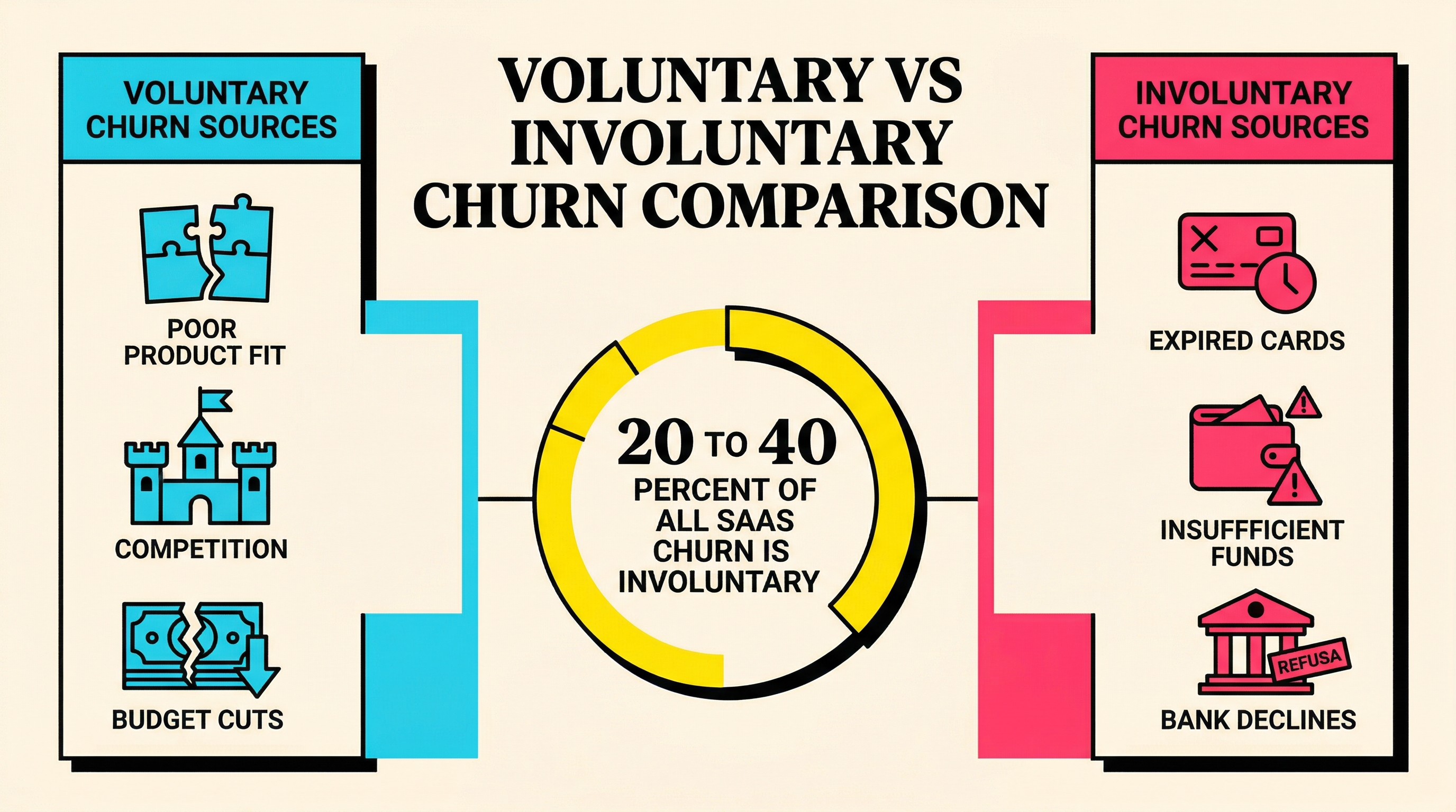 Voluntary vs Involuntary Churn Sources Comparison of voluntary and involuntary churn sources showing payment failure breakdown by decline code category