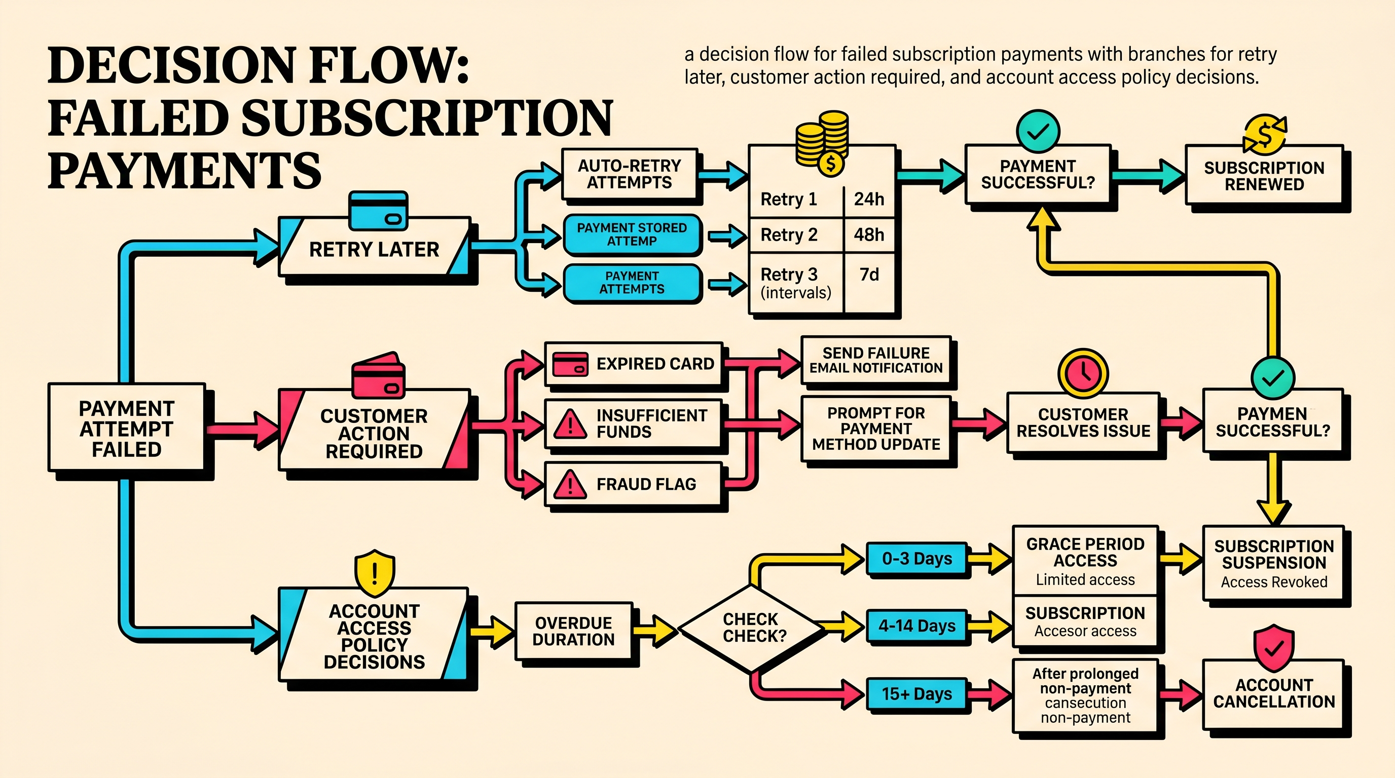 Failed payment decision flow Decision flow for failed payments showing retry, customer action, and account policy paths