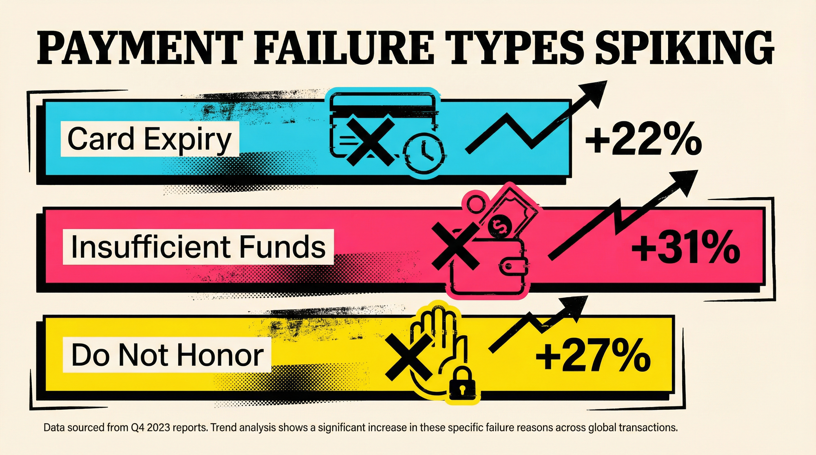 Three types of payment failures spiking in 2026: card expiry up 22%, insufficient funds up 31%, and do not honor up 27%