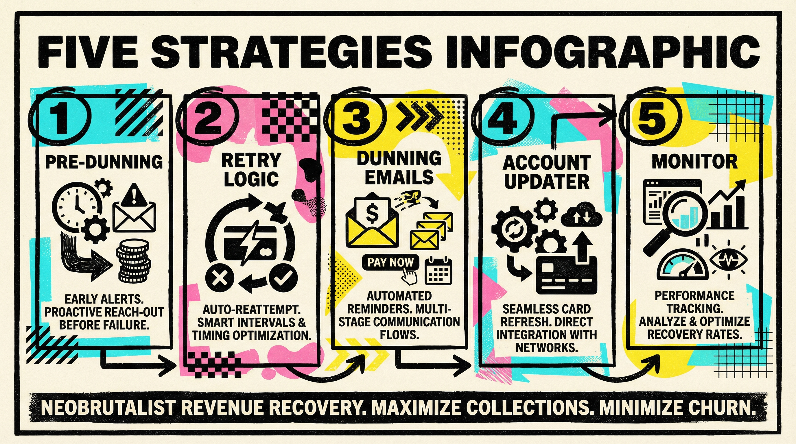 Five strategies to reduce payment failures in 2026: pre-dunning, optimized retries, better dunning emails, Account Updater, and weekly monitoring