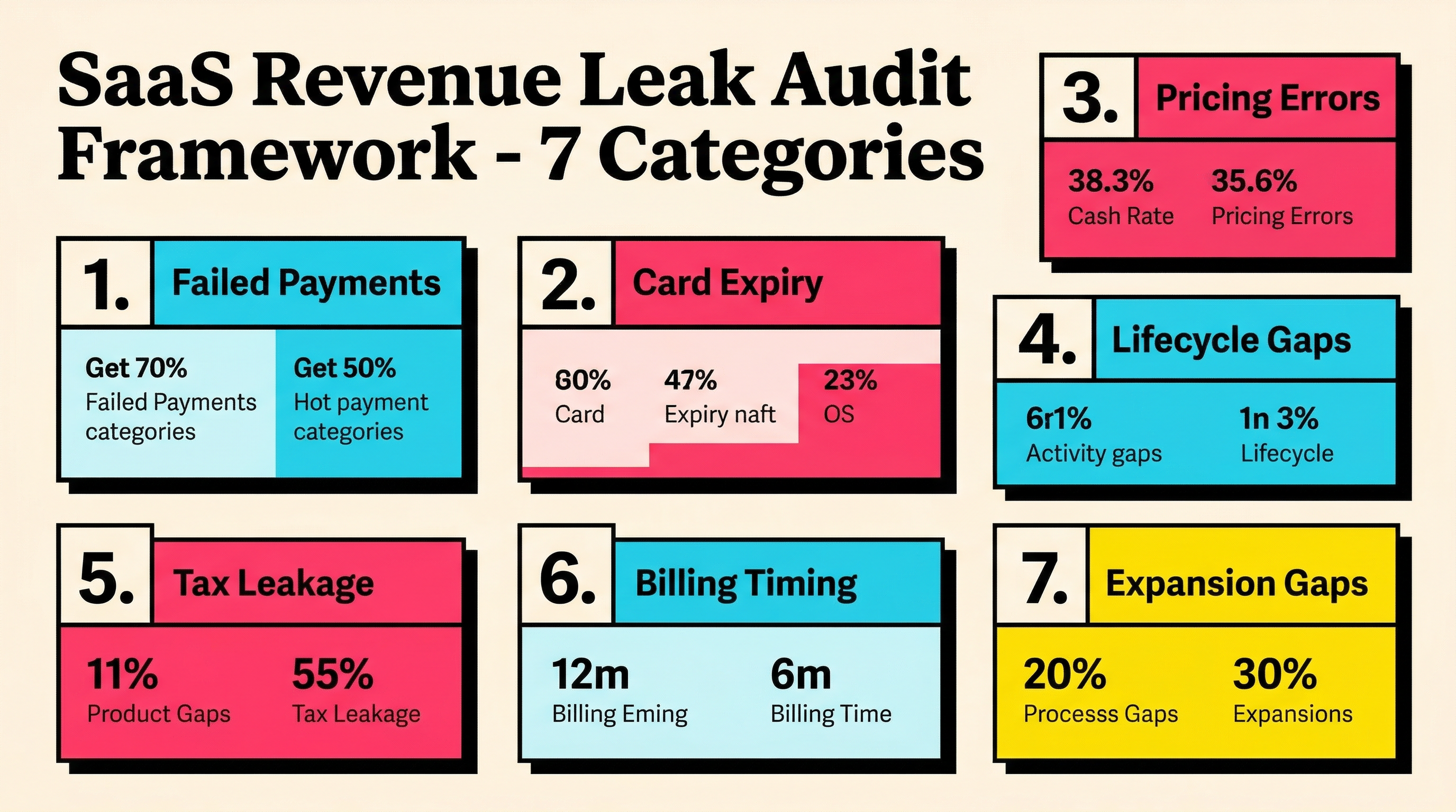 SaaS revenue leak audit framework showing seven categories of revenue leaks