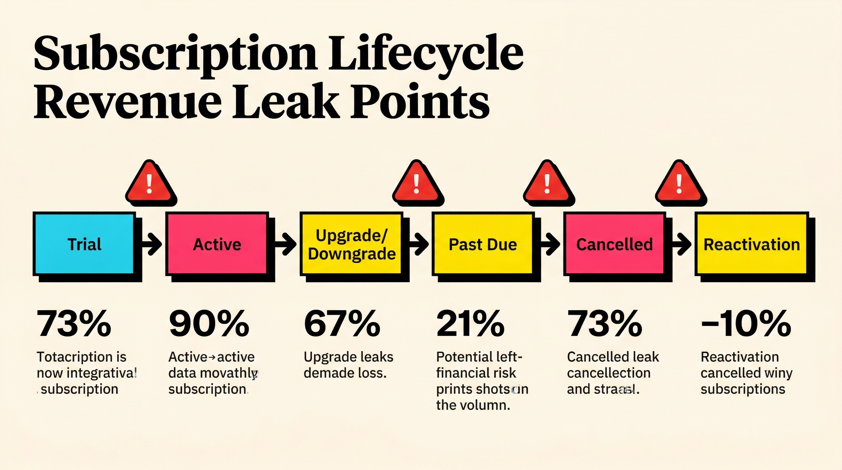 Subscription lifecycle showing common revenue leak points at each transition