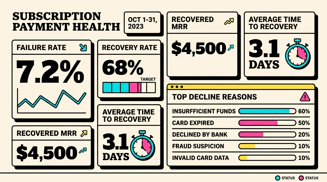 Weekly payment health dashboard showing key metrics to track for reducing involuntary churn