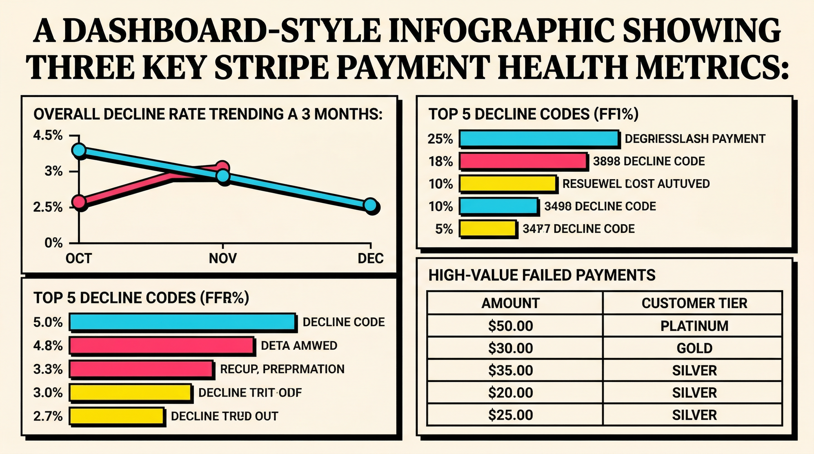Stripe payment health audit dashboard showing decline rate trends, top decline codes, and high-value failed payments