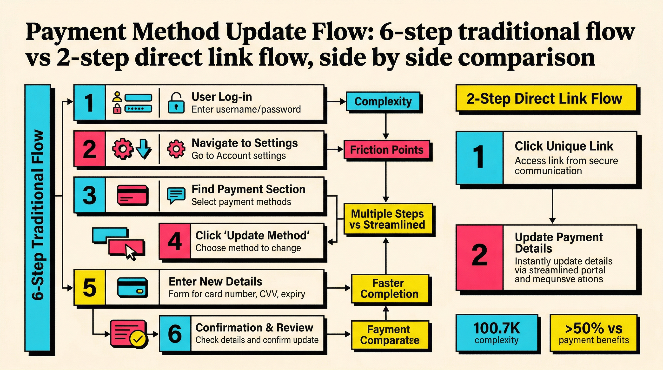 Payment method update: traditional flow vs direct link Traditional 6-step payment update flow versus direct 2-step Stripe payment method update link flow