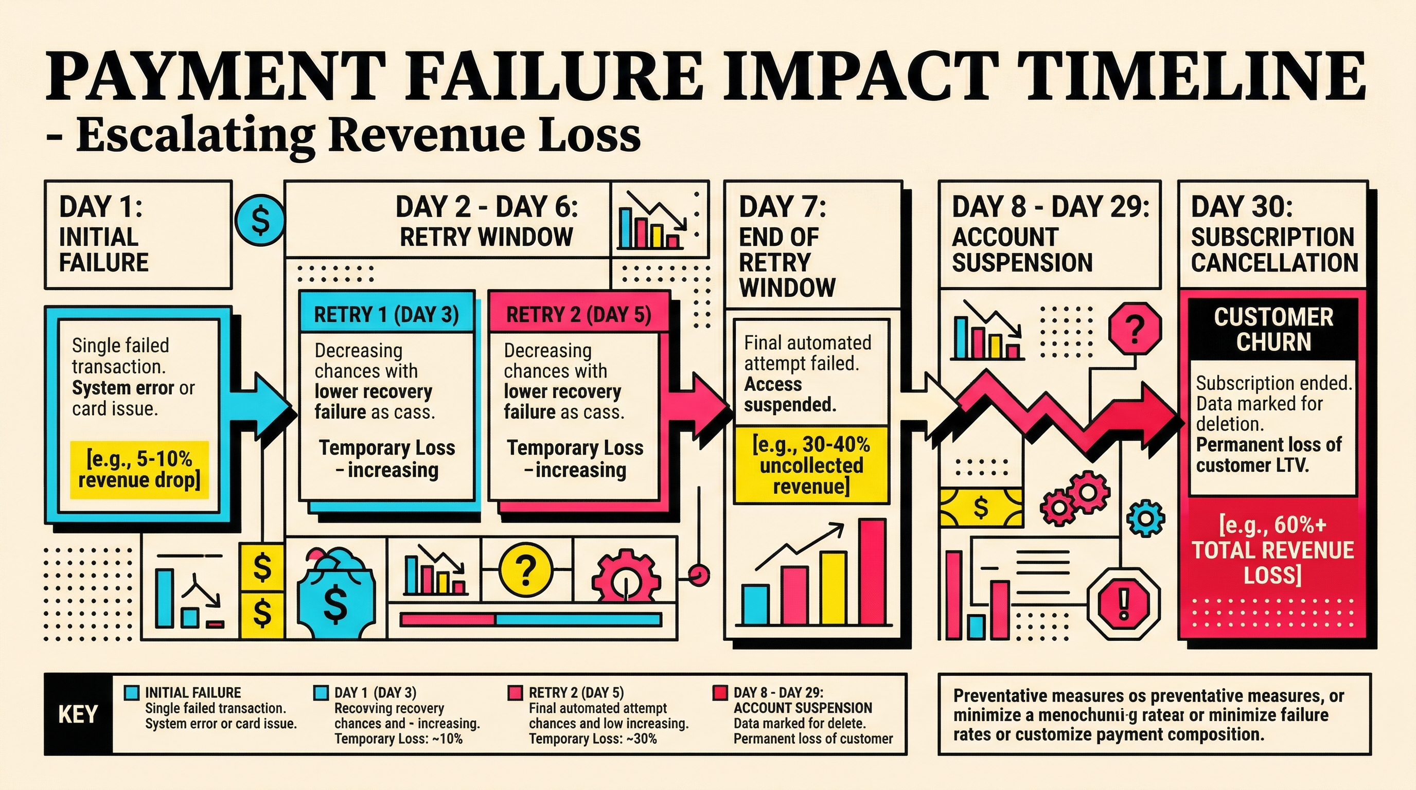 Payment failure impact timeline showing escalating revenue loss from initial failure through retry window to subscription cancellation