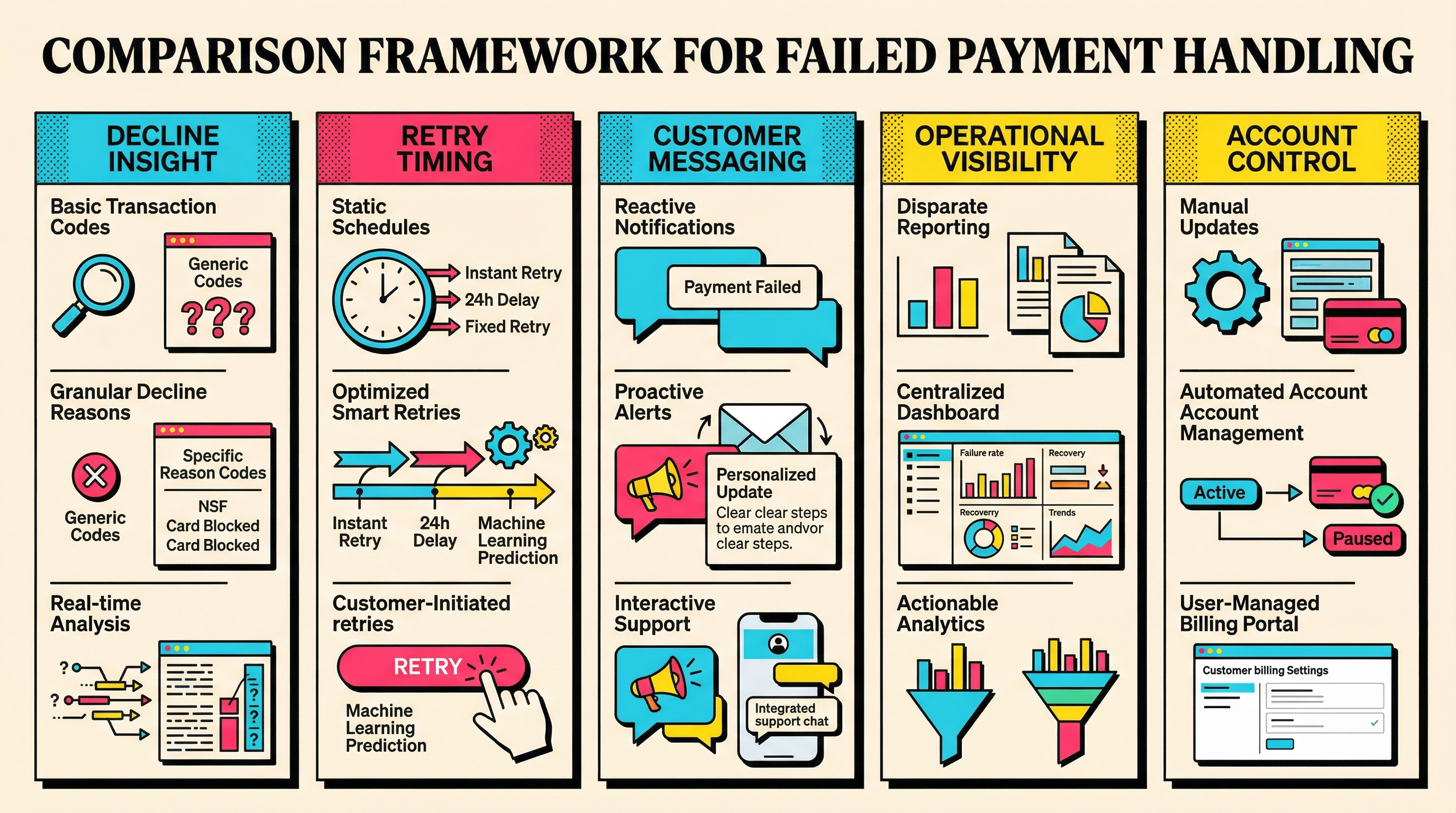 Comparison framework for failed payment handling across retries, dunning, visibility, and control