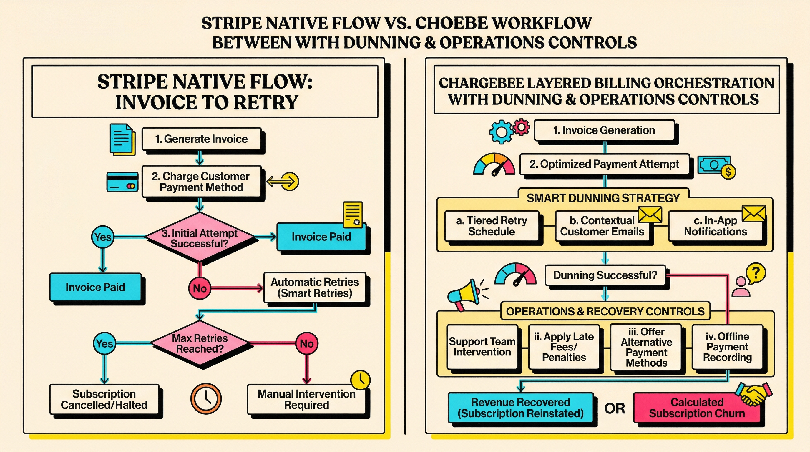 Workflow comparison showing Stripe native flow versus Chargebee layered billing orchestration