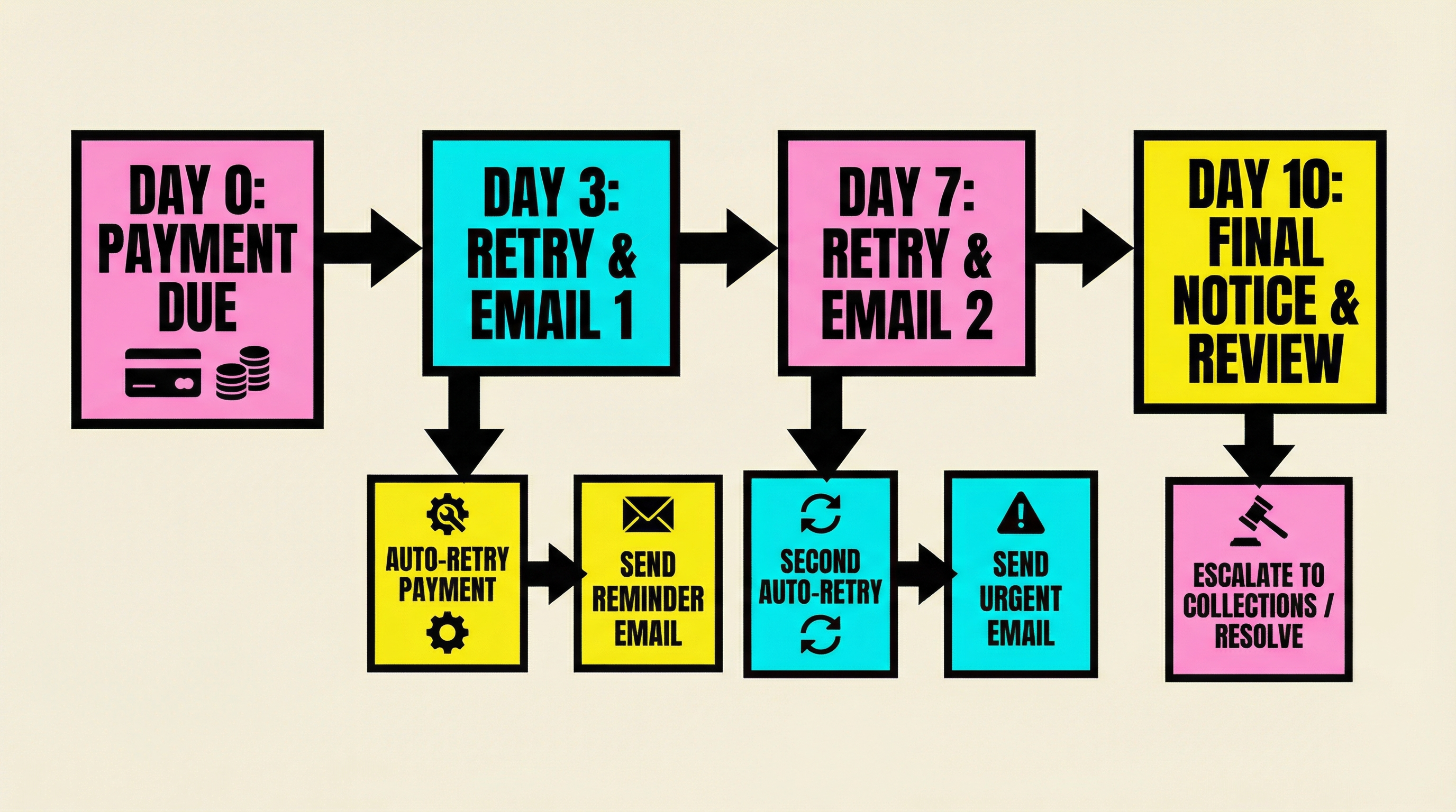 Payment recovery workflow diagram showing retry timing and dunning sequence