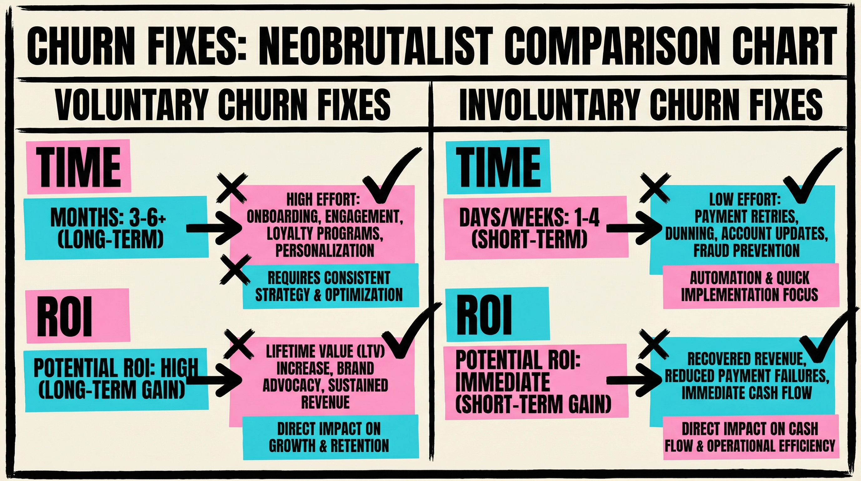 Cost-benefit comparison of voluntary vs involuntary churn reduction strategies