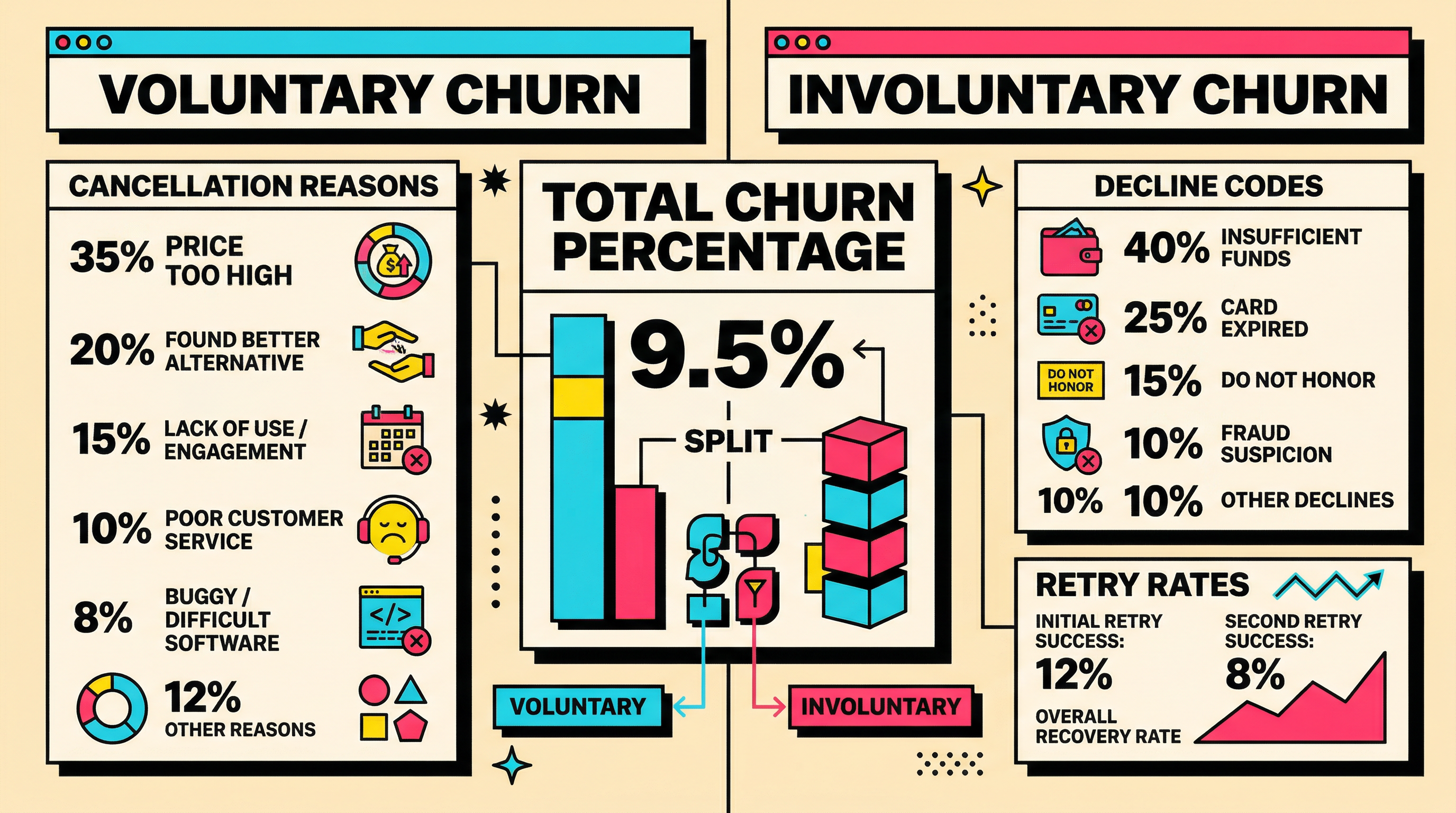 SaaS dashboard separating voluntary churn from involuntary churn with distinct metrics and trend lines