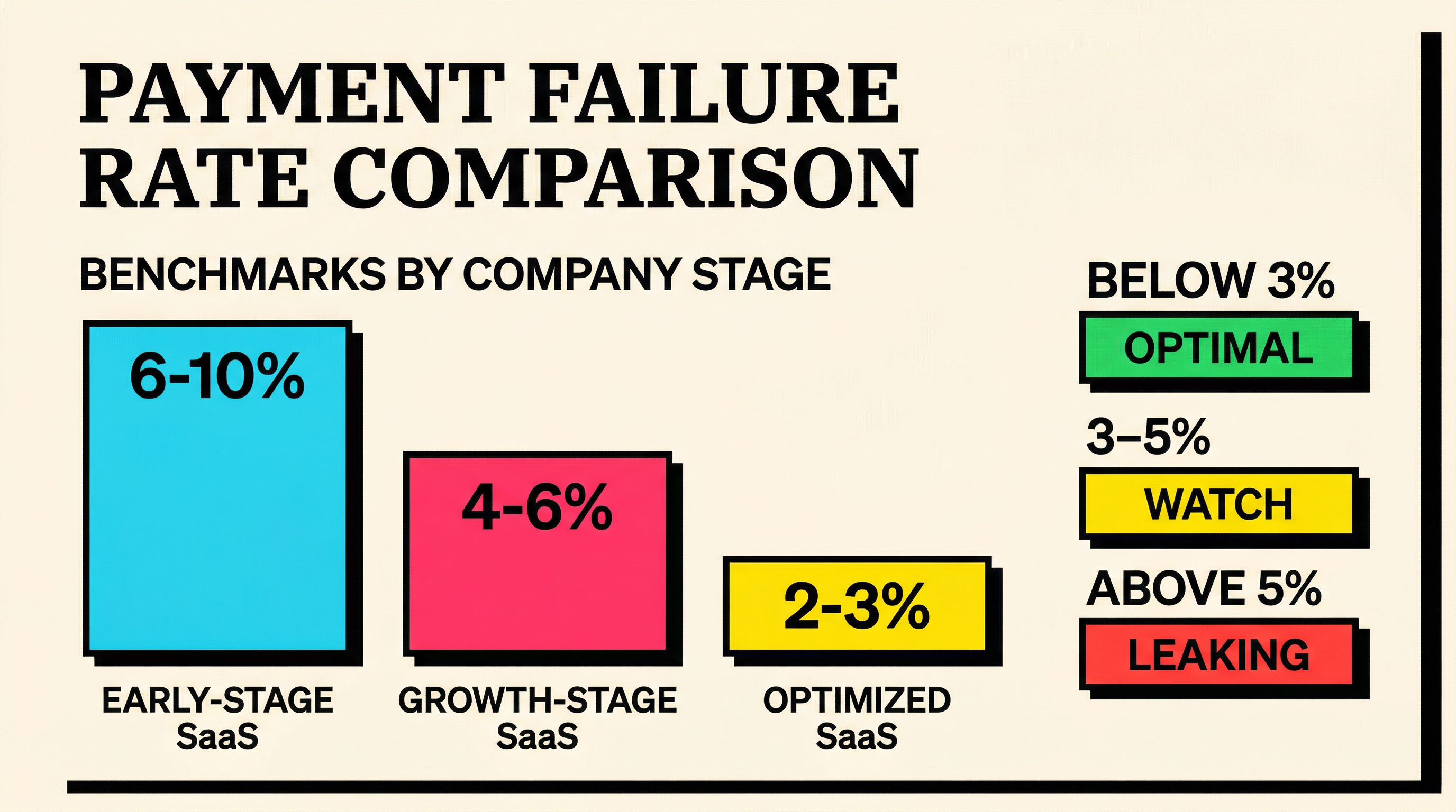 Stripe payment failure rate benchmarks showing optimal rates below 3 percent versus warning zone above 5 percent