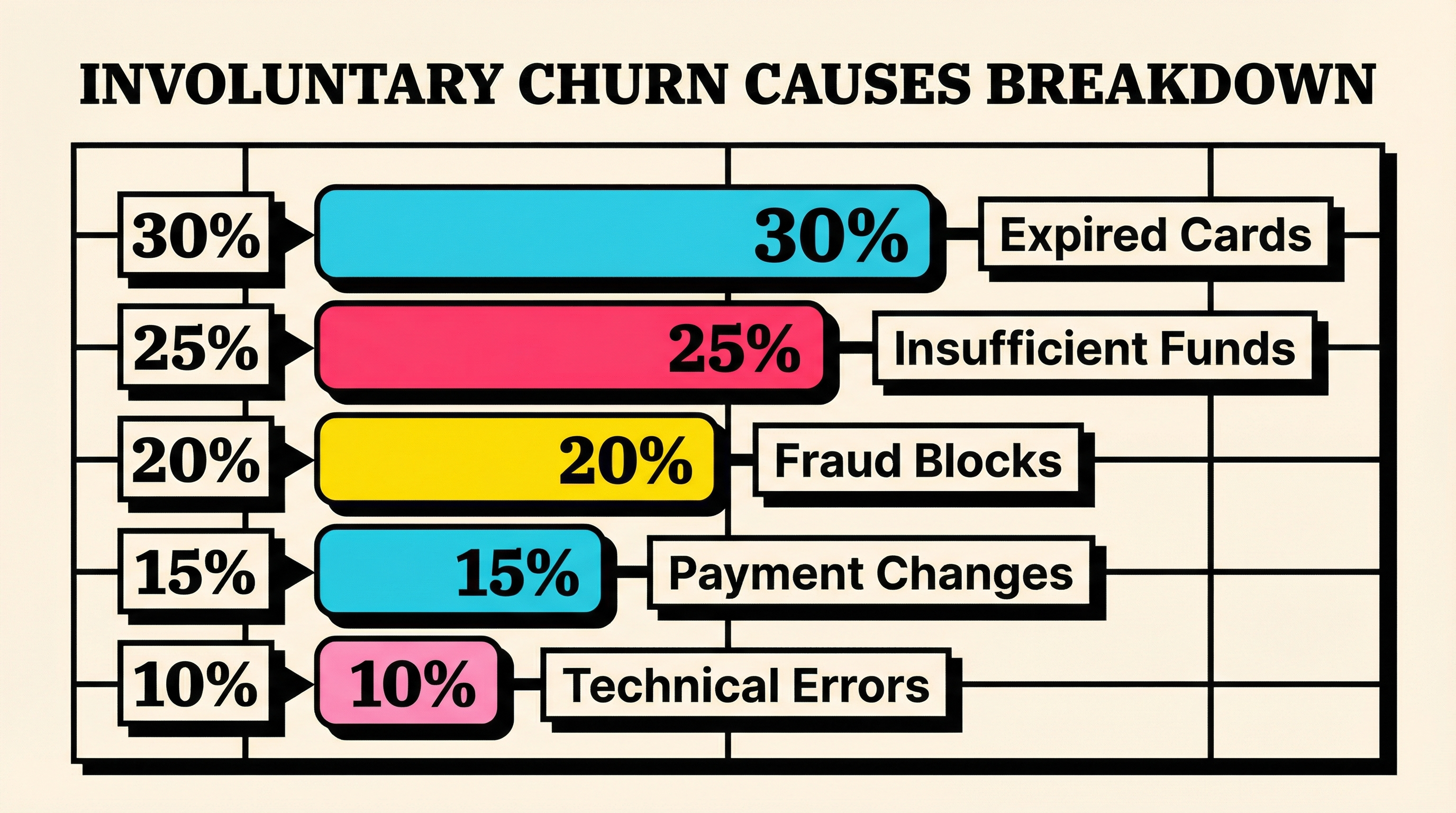 Chart showing breakdown of involuntary churn causes: 30% expired cards, 25% insufficient funds, 20% fraud blocks, 15% payment changes, 10% technical errors