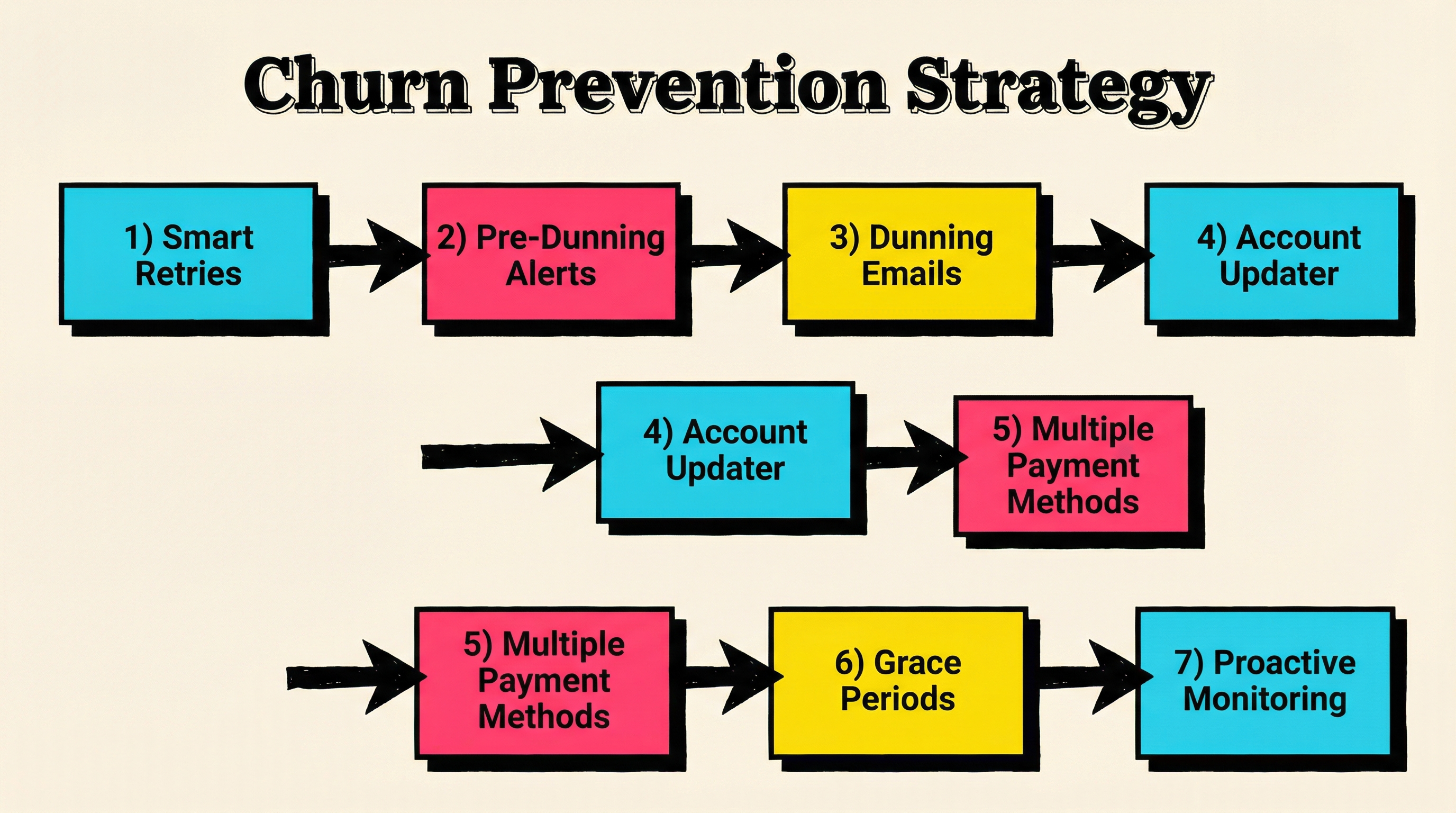 Flowchart showing involuntary churn reduction strategy: pre-dunning alerts, smart retries, dunning sequences, grace periods, and monitoring