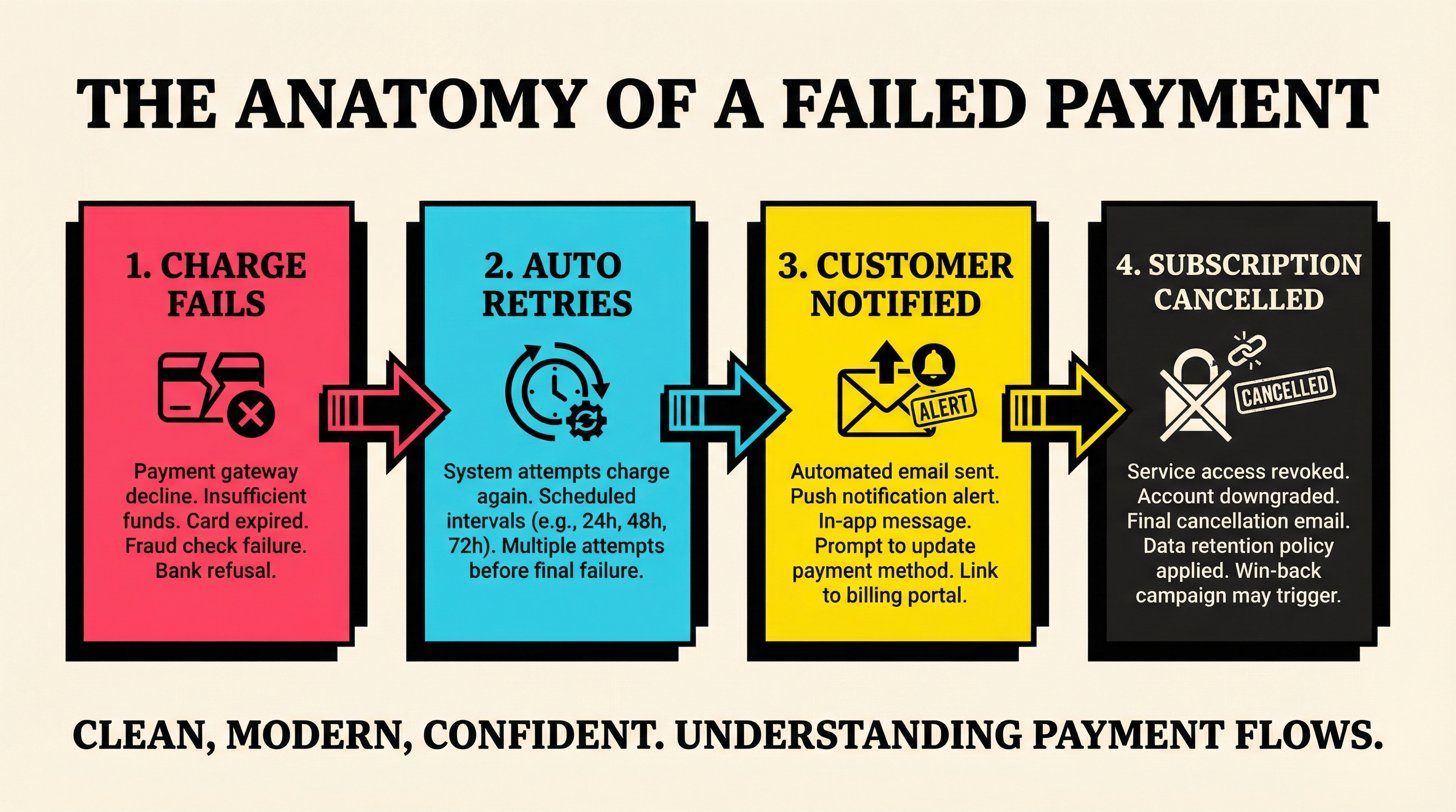 Diagram showing the 4 stages of a failed payment: charge fails, auto retries, customer notified, subscription cancelled