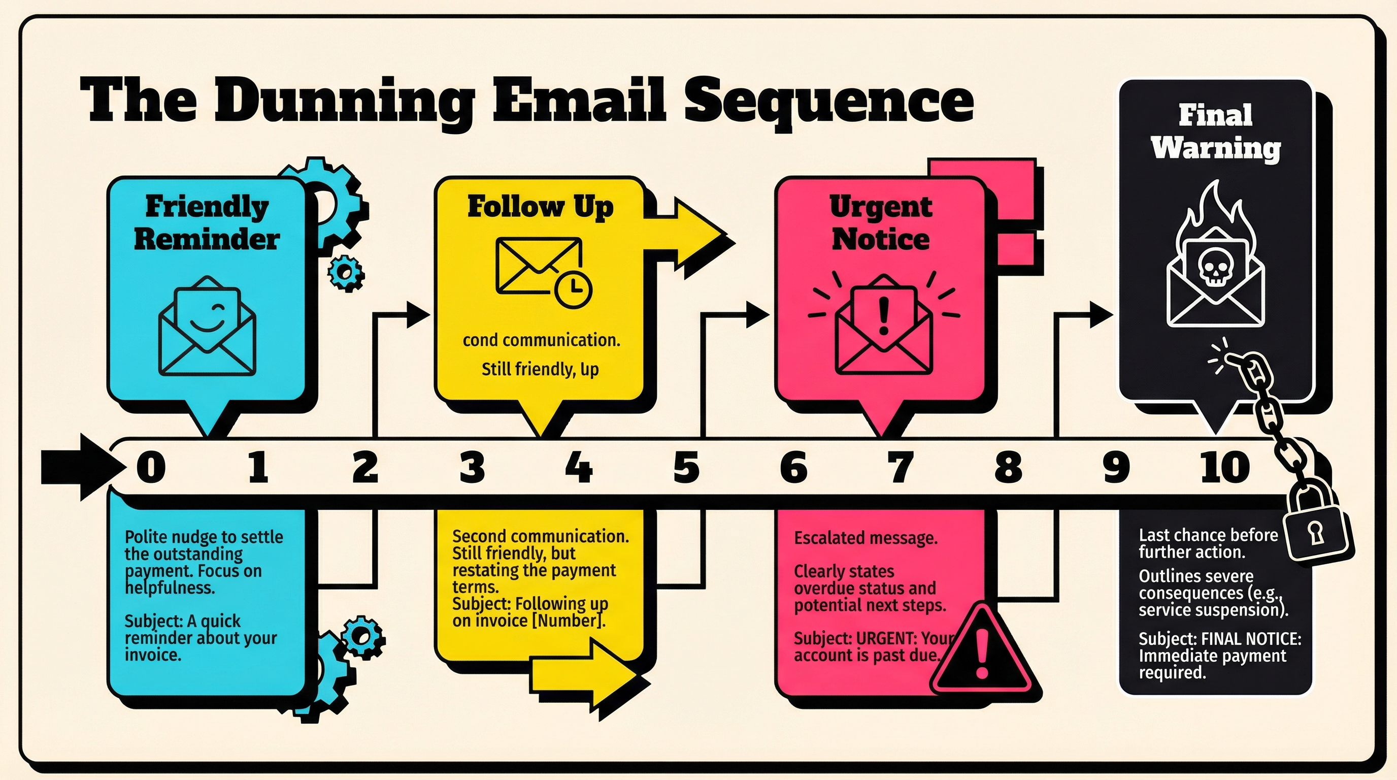 Timeline showing a 4-stage dunning email sequence from friendly reminder on day 1 to final warning on day 10