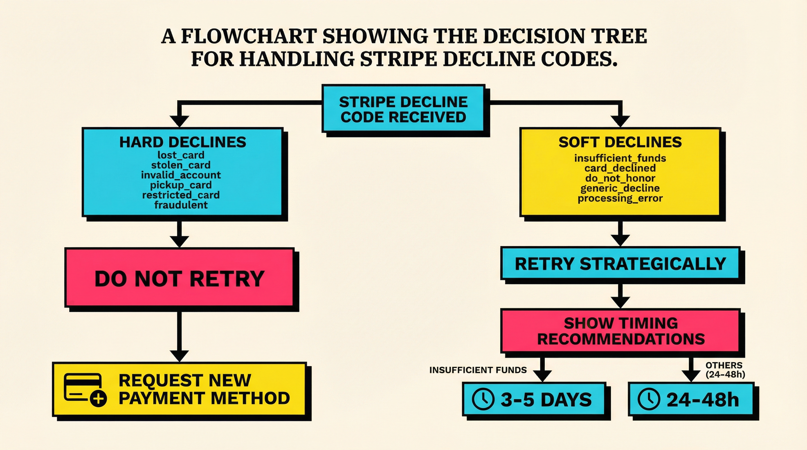 Stripe decline code retry strategy flowchart showing hard vs soft declines